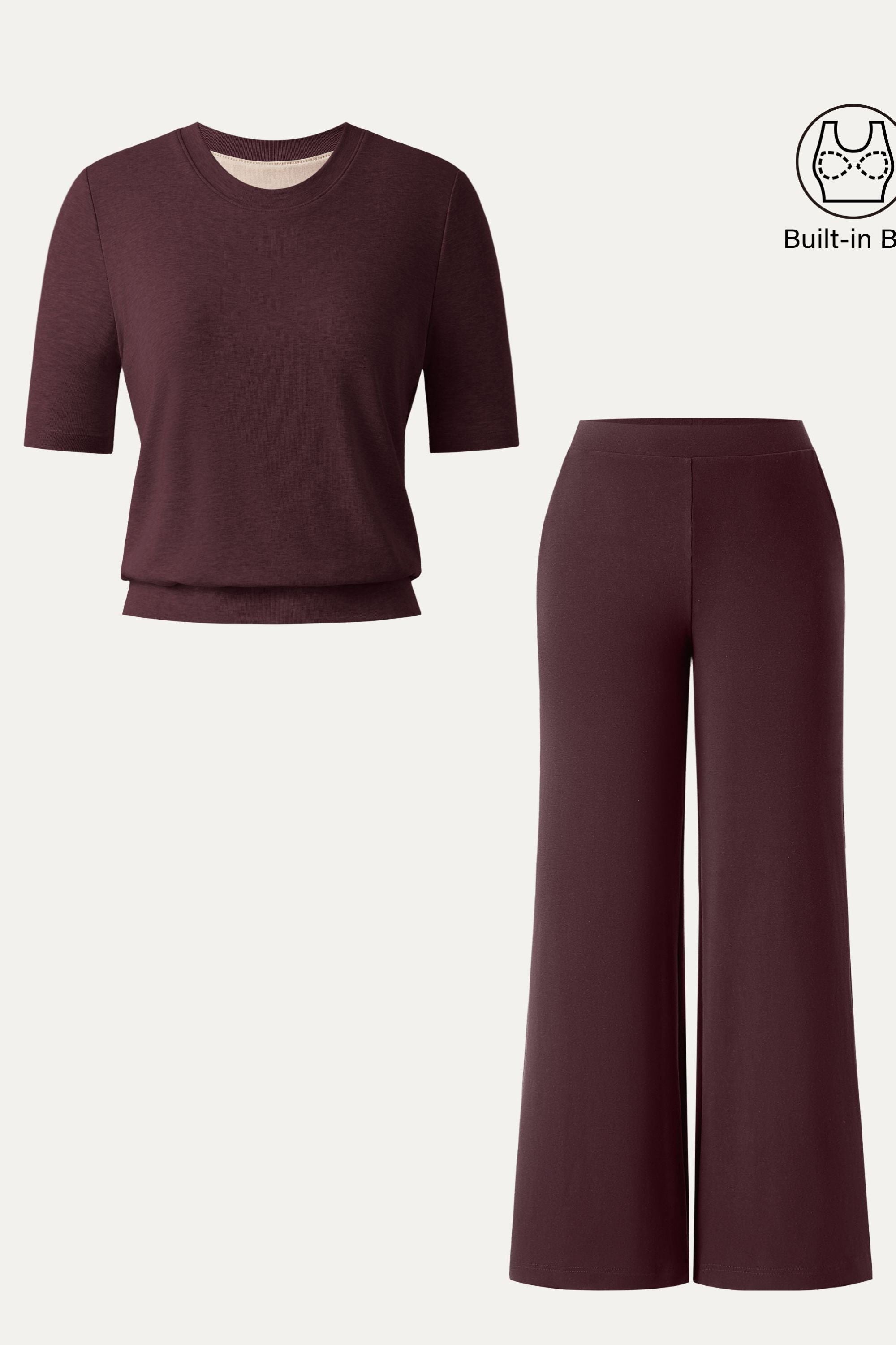 2Pcs Set Petite Mid Rise Wide Leg Pants with Pockets & Crewneck Brami with Banded Hem