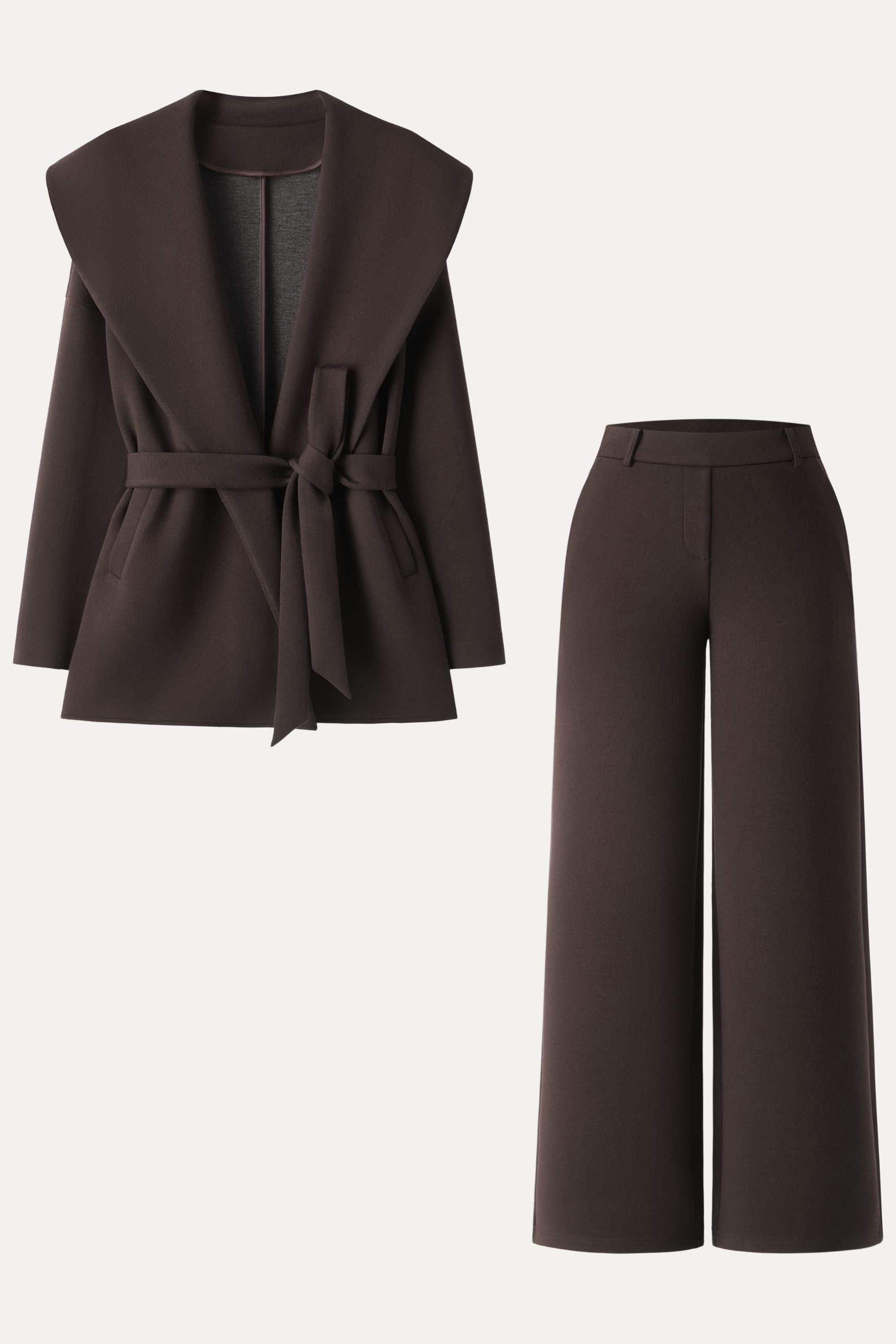 2Pcs Set Belted Shawl Collar Robe Jacket & Mid Rise Straight Pants with Pockets