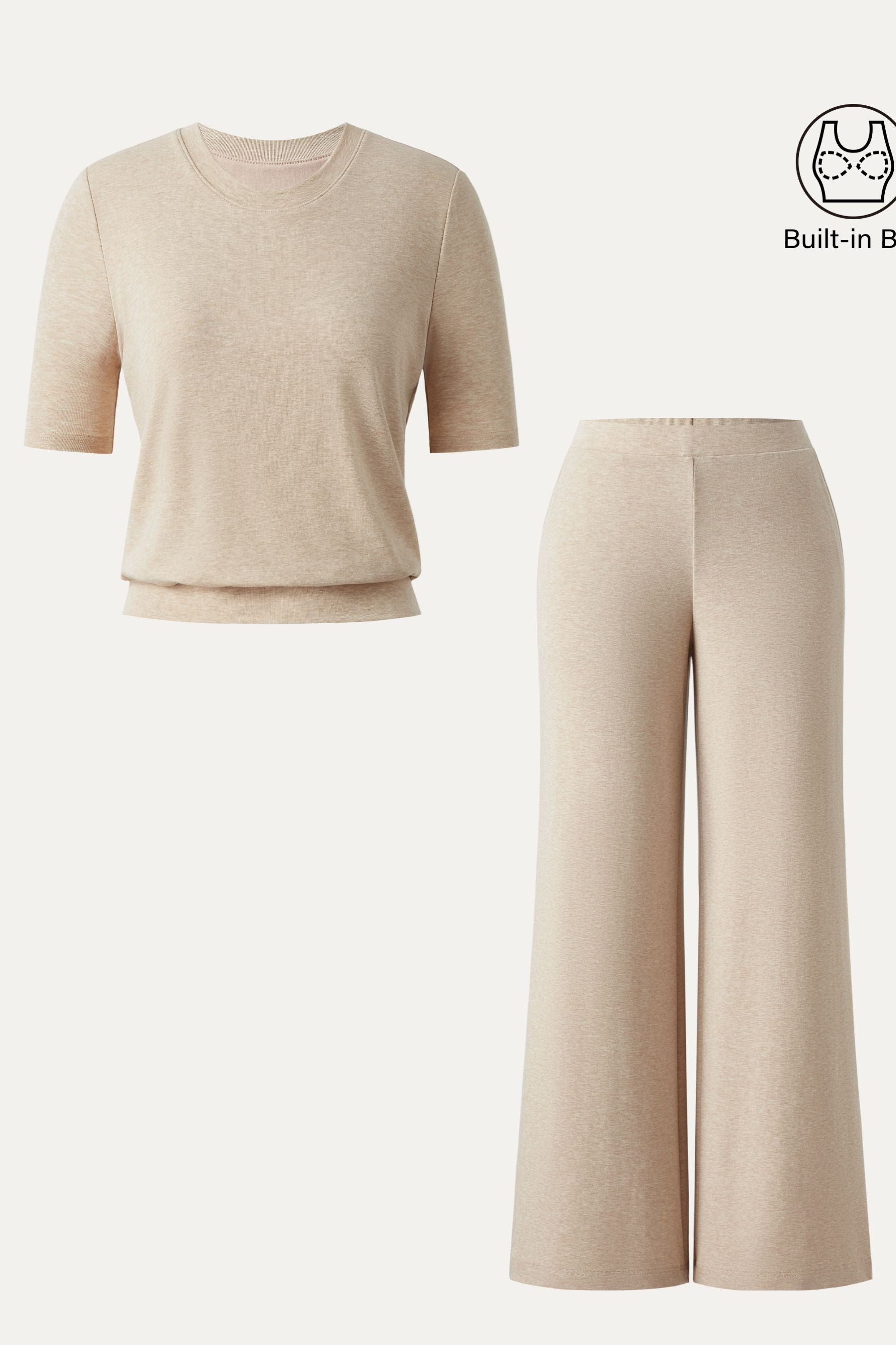 2Pcs Set Petite Mid Rise Wide Leg Pants with Pockets & Crewneck Brami with Banded Hem