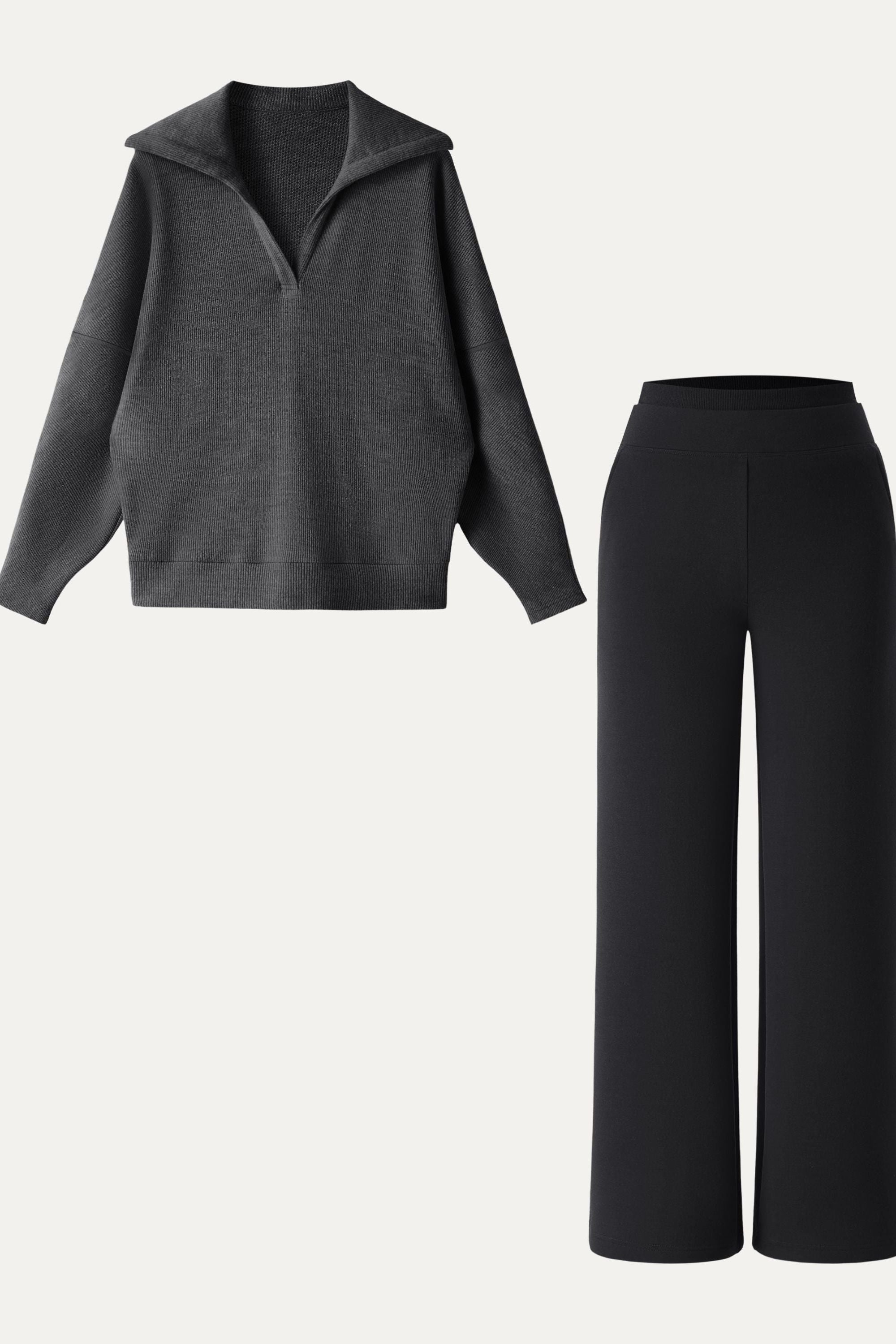 2Pcs Set Double Waistband Straight Pants & V-Neck Batwing Sleeve Pullover