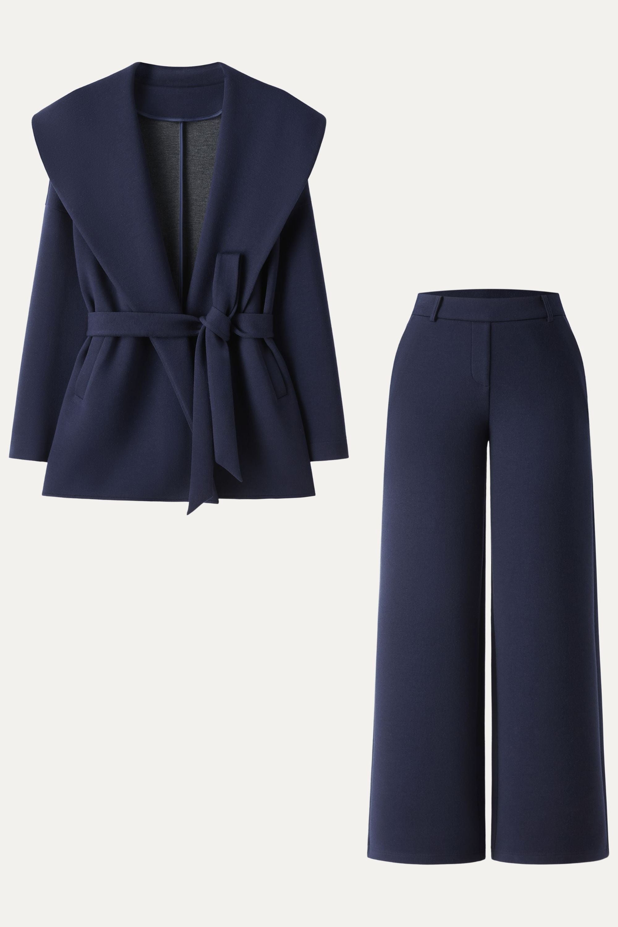 2Pcs Set Belted Shawl Collar Robe Jacket & Mid Rise Straight Pants with Pockets