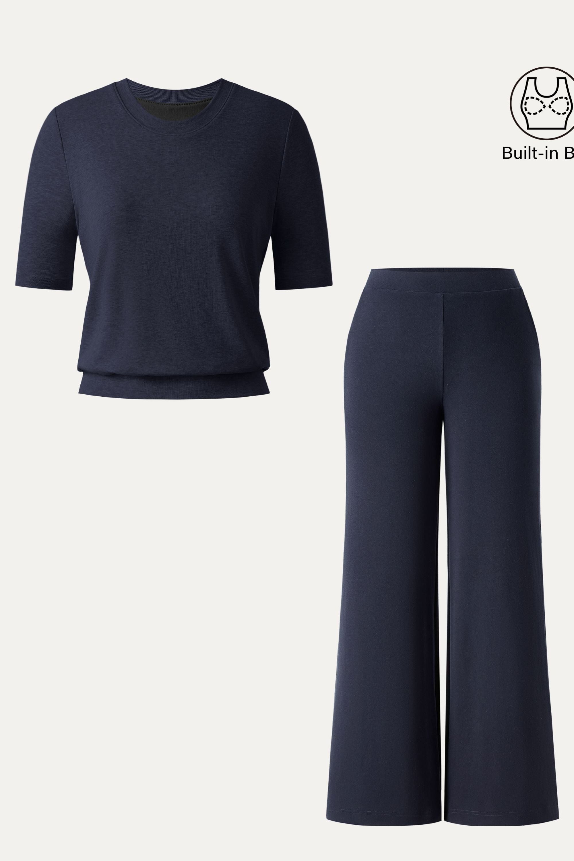 2Pcs Set Petite Mid Rise Wide Leg Pants with Pockets & Crewneck Brami with Banded Hem