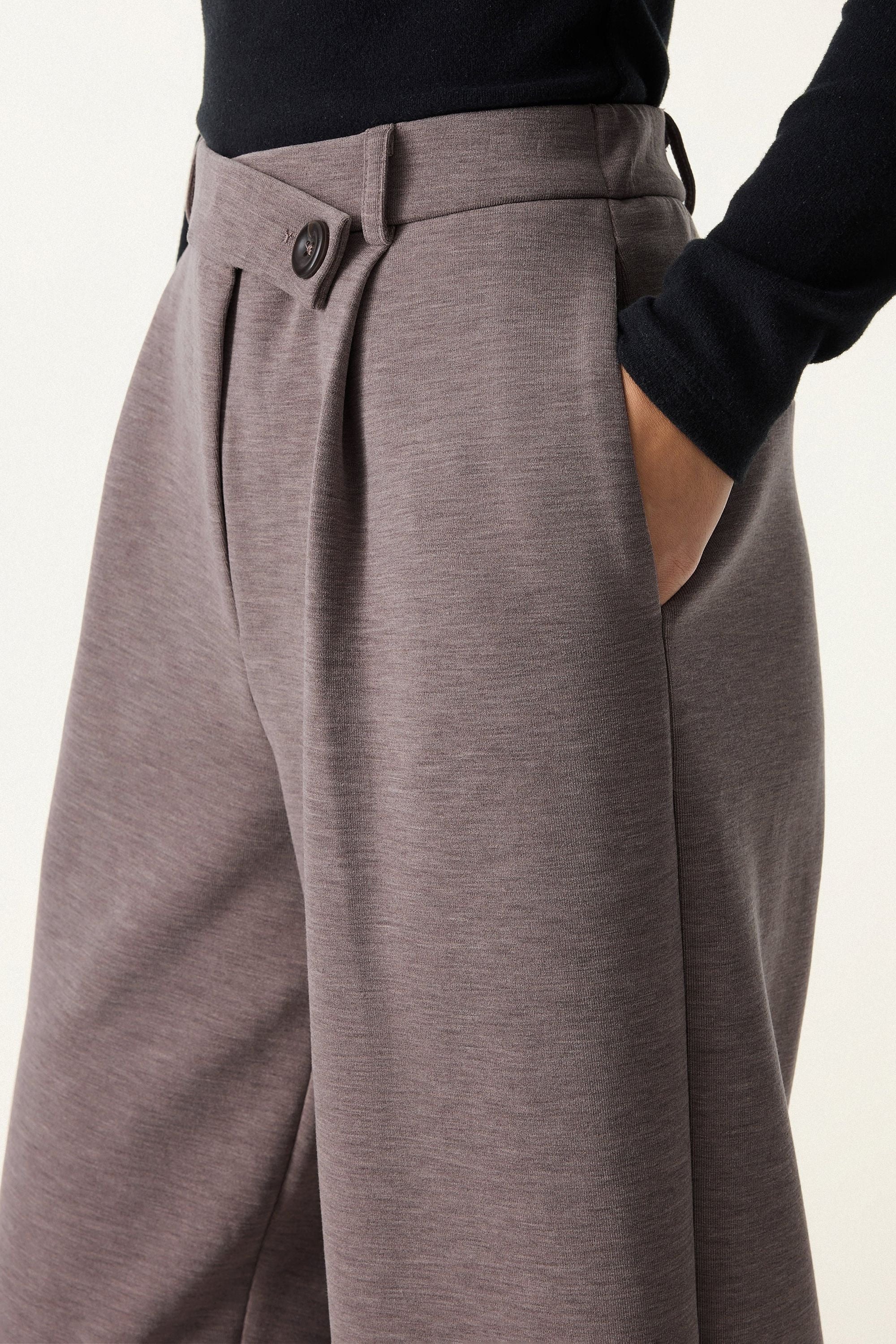 Cozy Warm High Rise Slanted Fly Front Wide Leg Pants