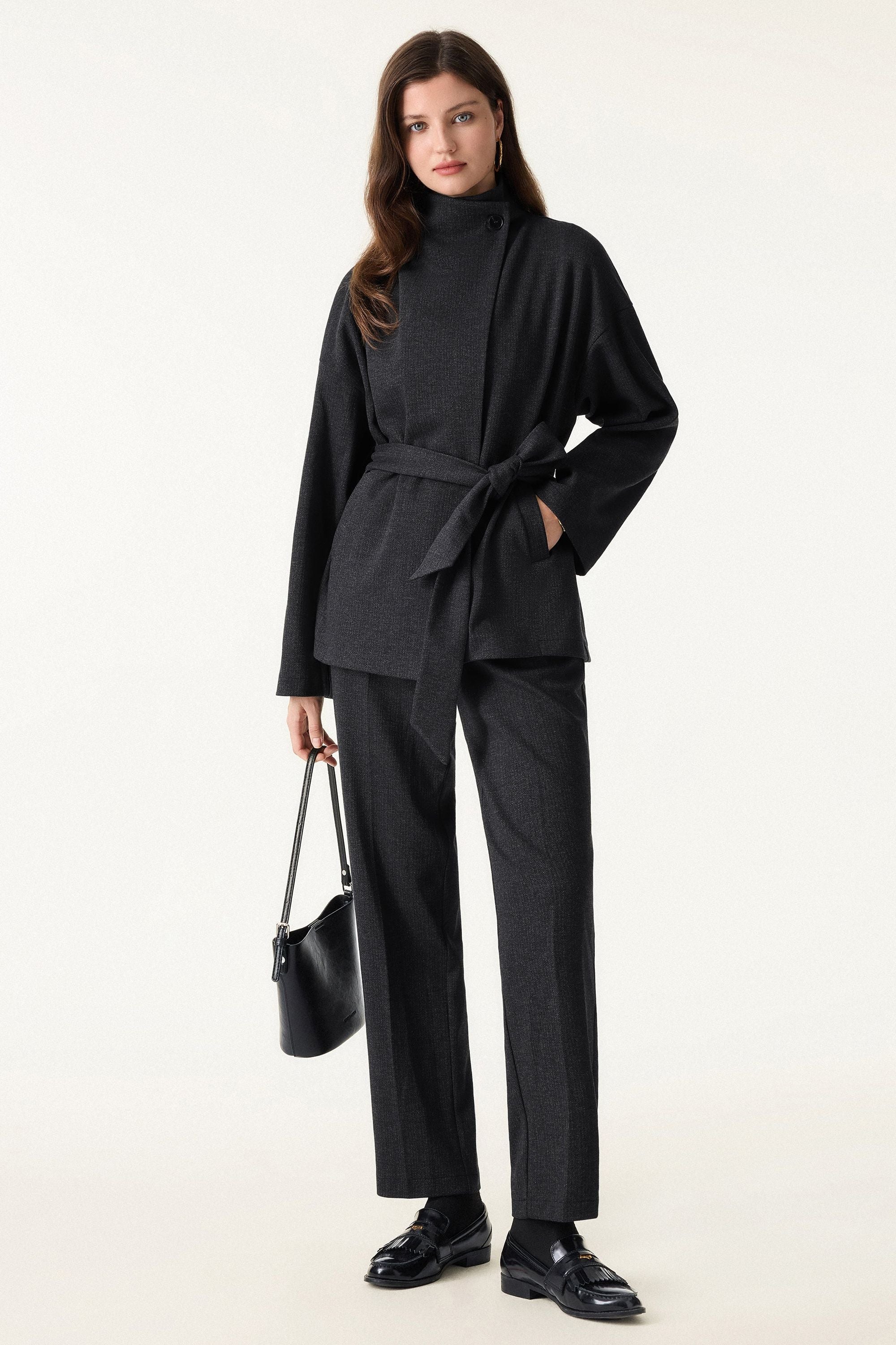 2Pcs Set Regular Tapered Trousers & Retro Belted Jacket