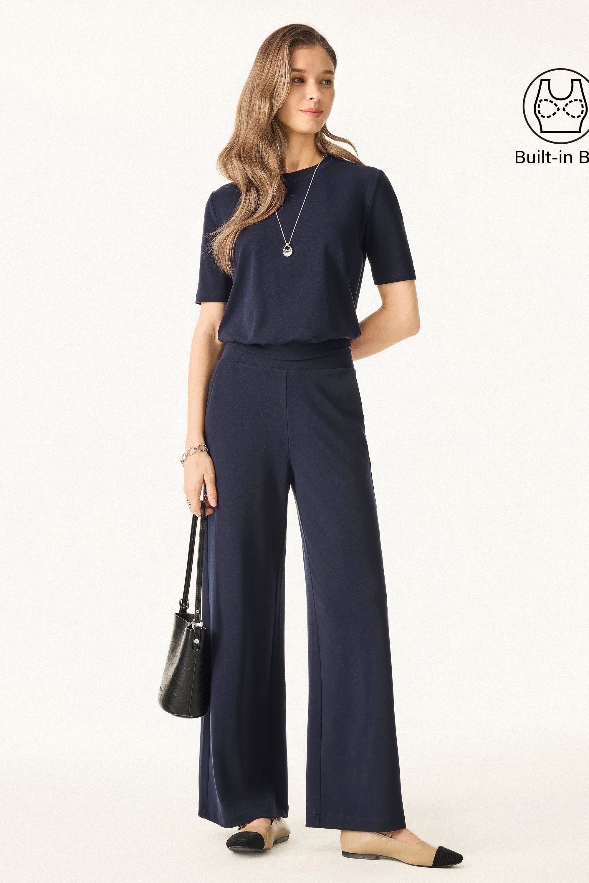 2Pcs Set Petite Mid Rise Wide Leg Pants with Pockets & Crewneck Brami with Banded Hem