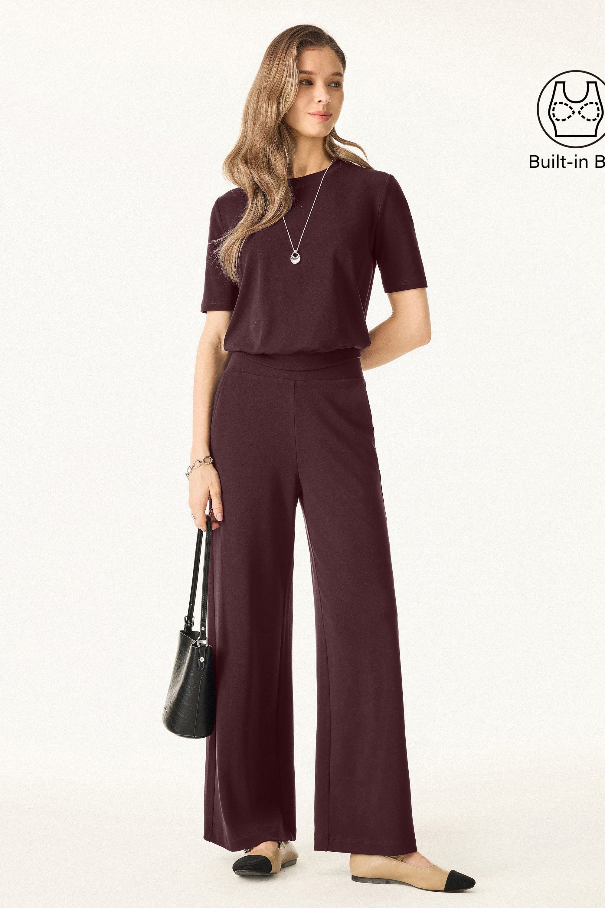 2Pcs Set Petite Mid Rise Wide Leg Pants with Pockets & Crewneck Brami with Banded Hem