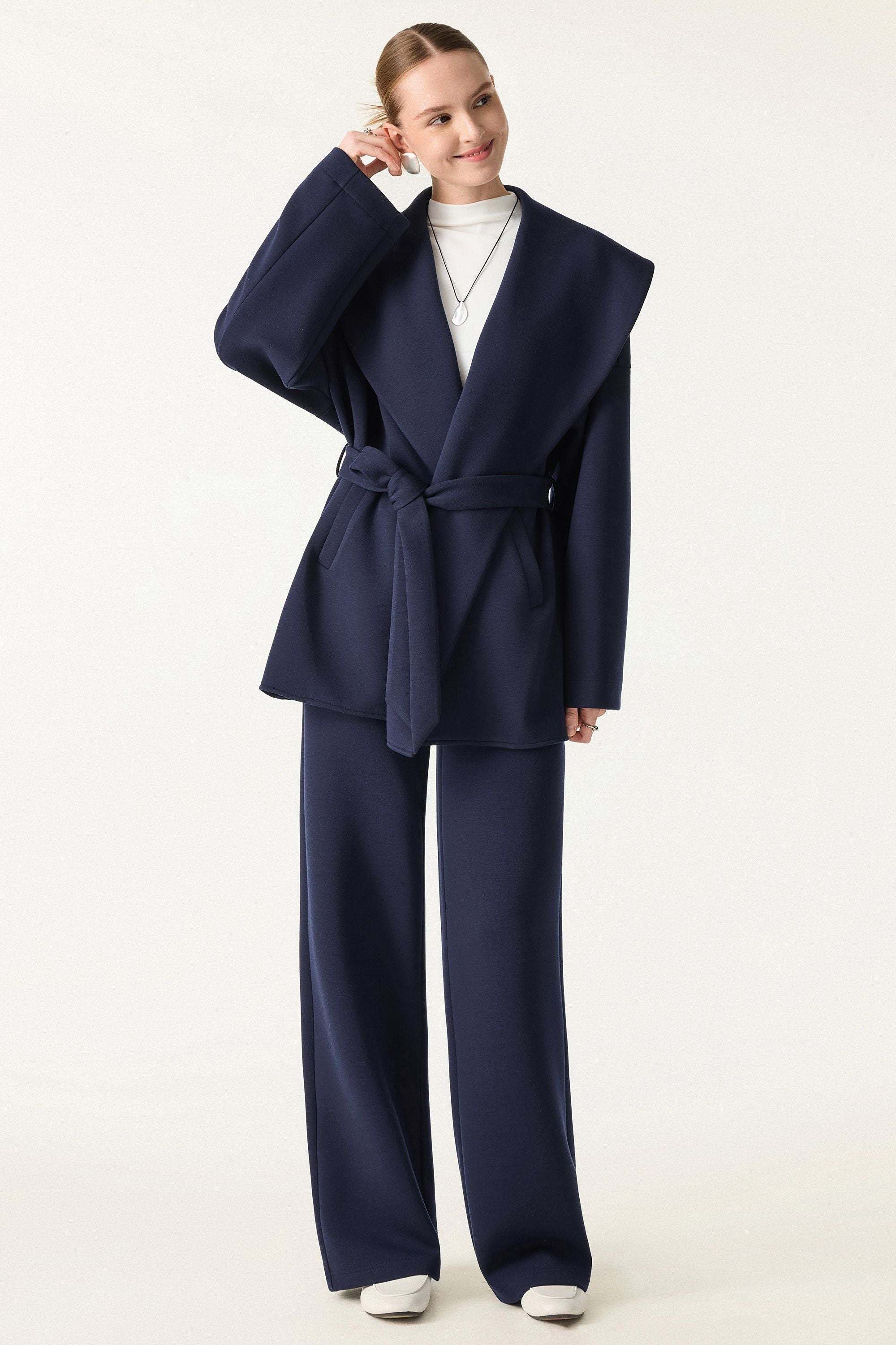 2Pcs Set Belted Shawl Collar Robe Jacket & Mid Rise Straight Pants with Pockets