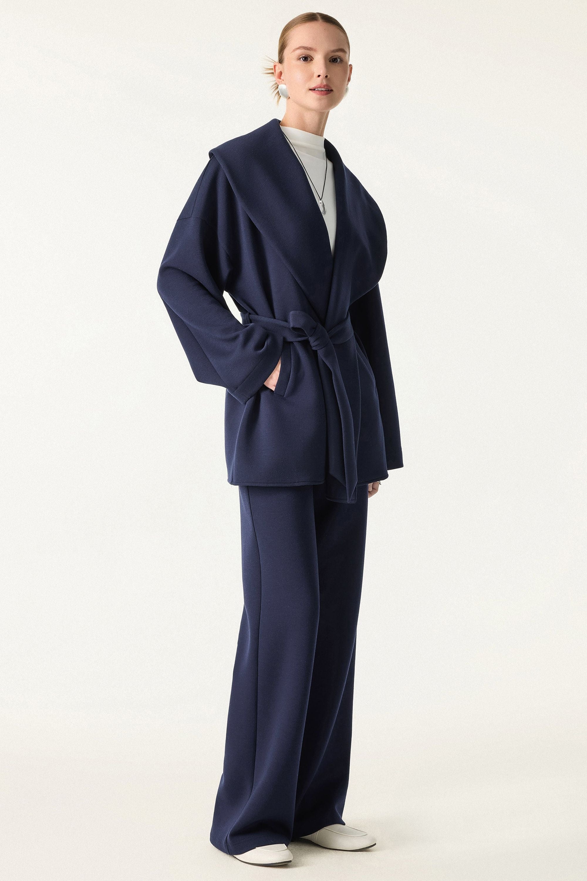 2Pcs Set Belted Shawl Collar Robe Jacket & Mid Rise Straight Pants with Pockets