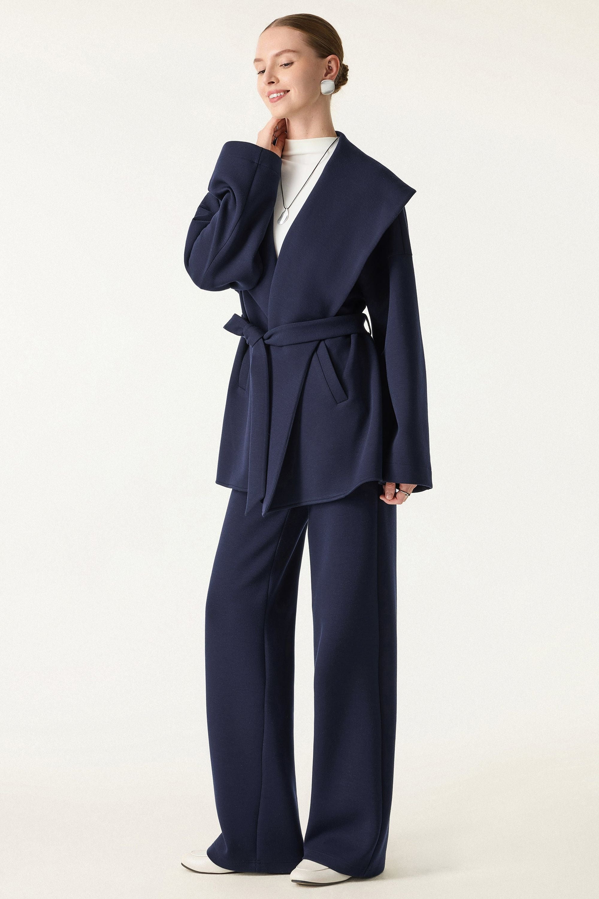 2Pcs Set Belted Shawl Collar Robe Jacket & Mid Rise Straight Pants with Pockets