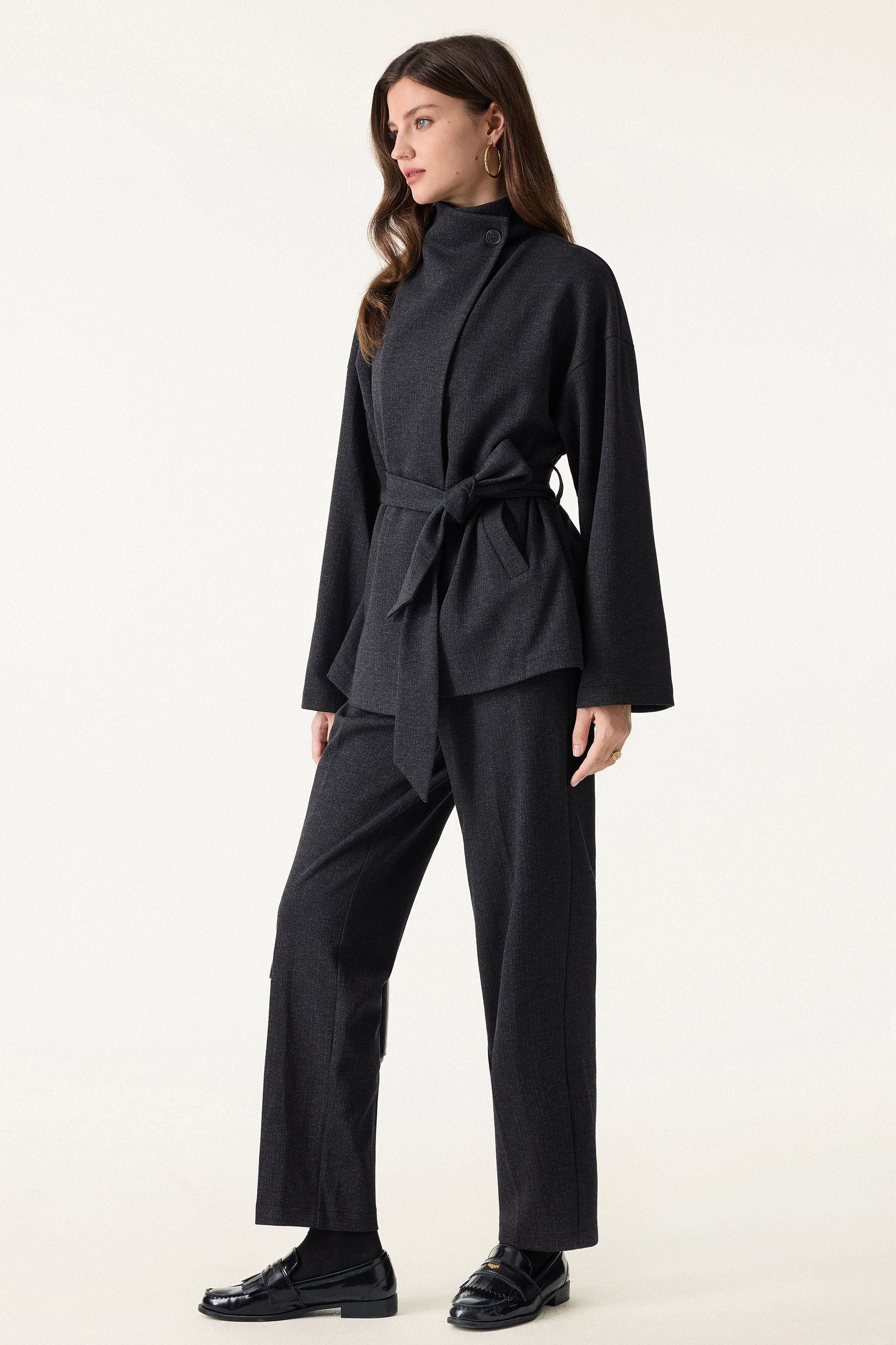 2Pcs Set Regular Tapered Trousers & Retro Belted Jacket