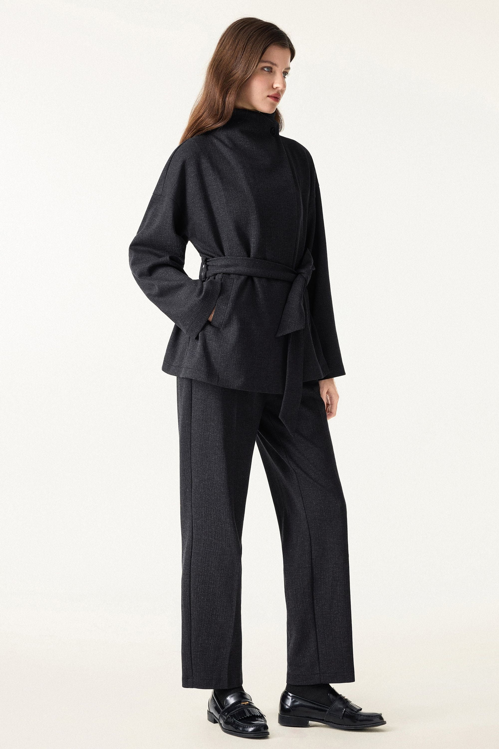 2Pcs Set Regular Tapered Trousers & Retro Belted Jacket