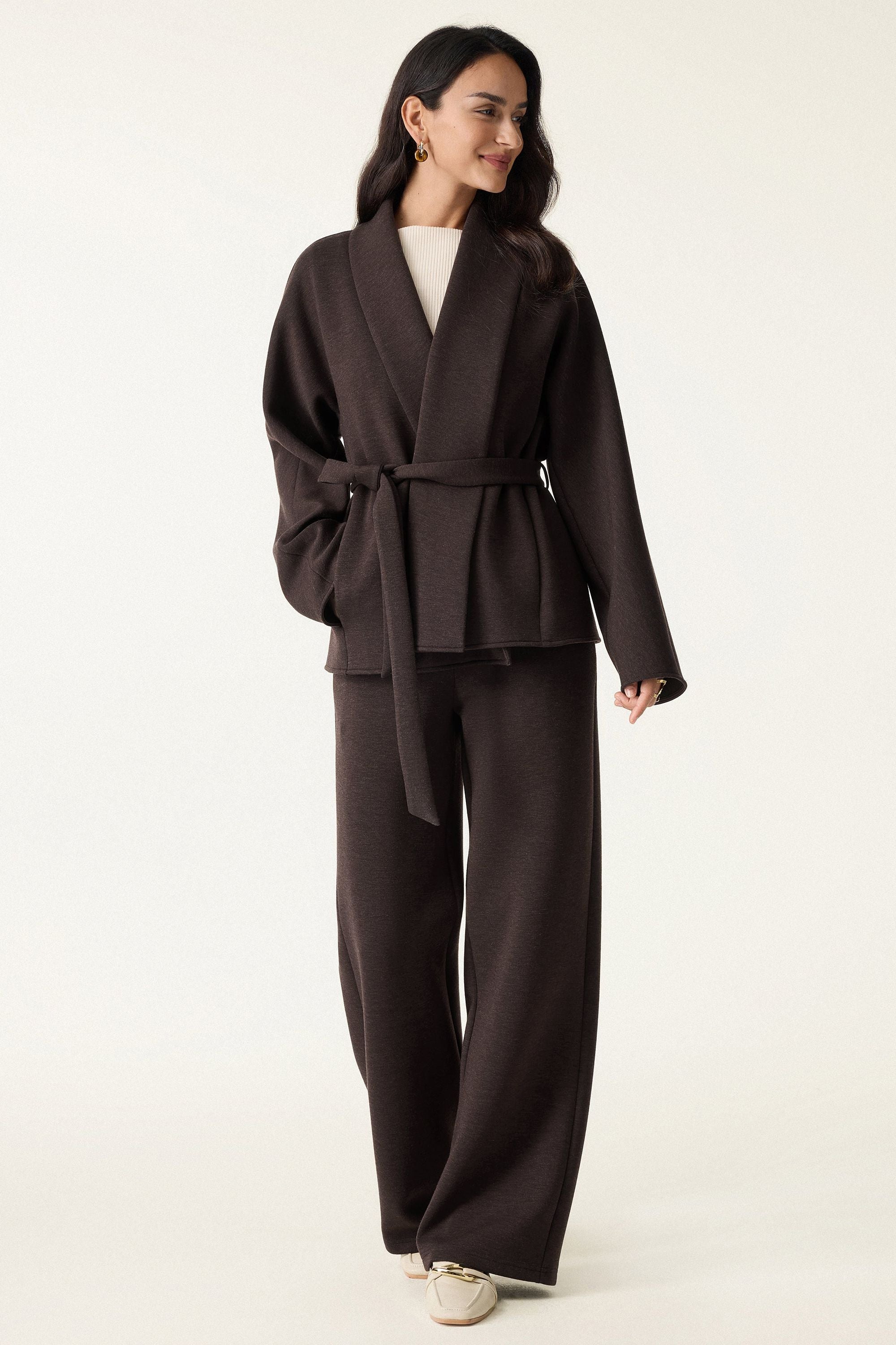 2Pcs Set Shawl Belted Outerwear & Pull-on Pants