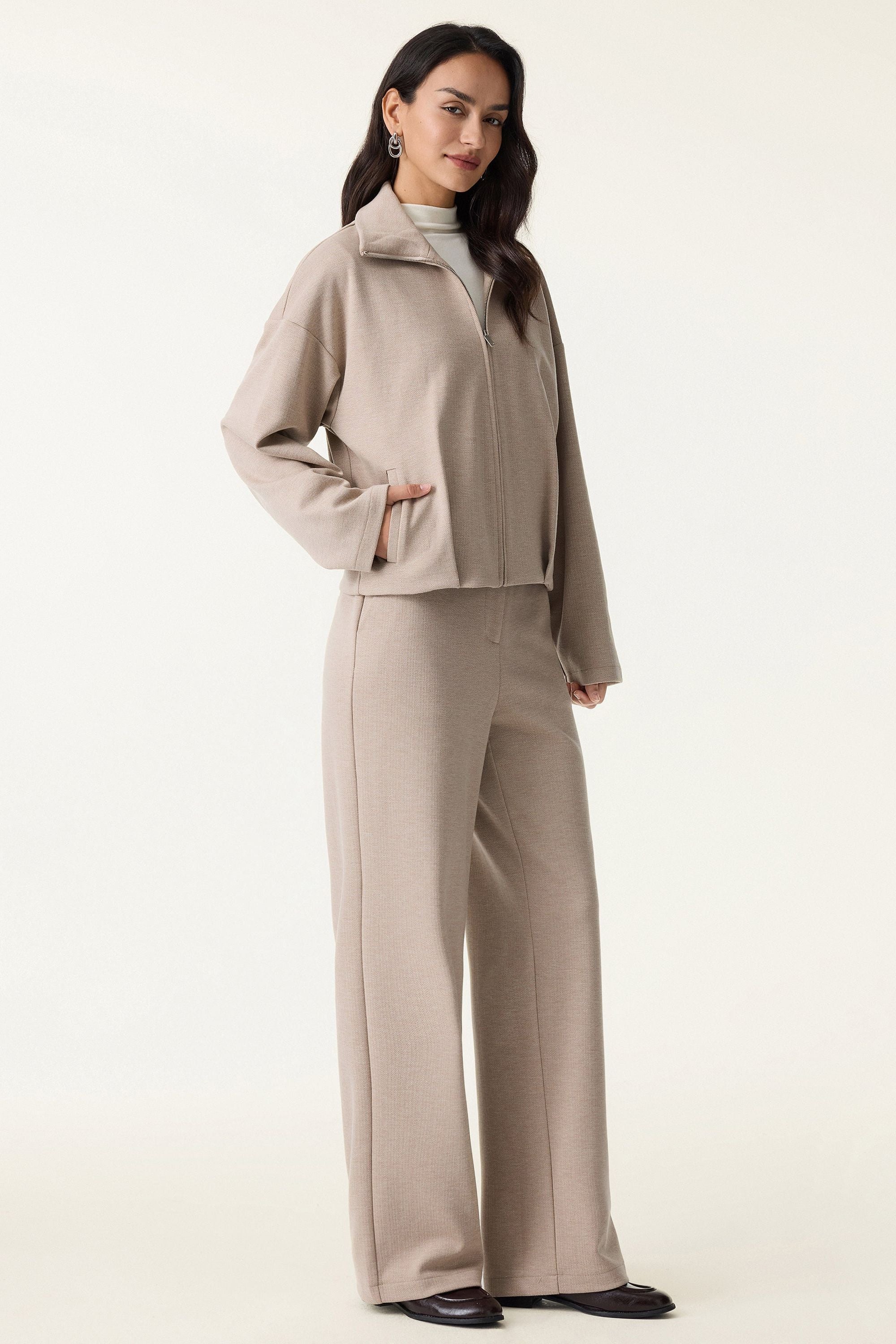 2Pcs Set Full Zip Jacket & Mid Rise Straight Leg Pants with Pockets