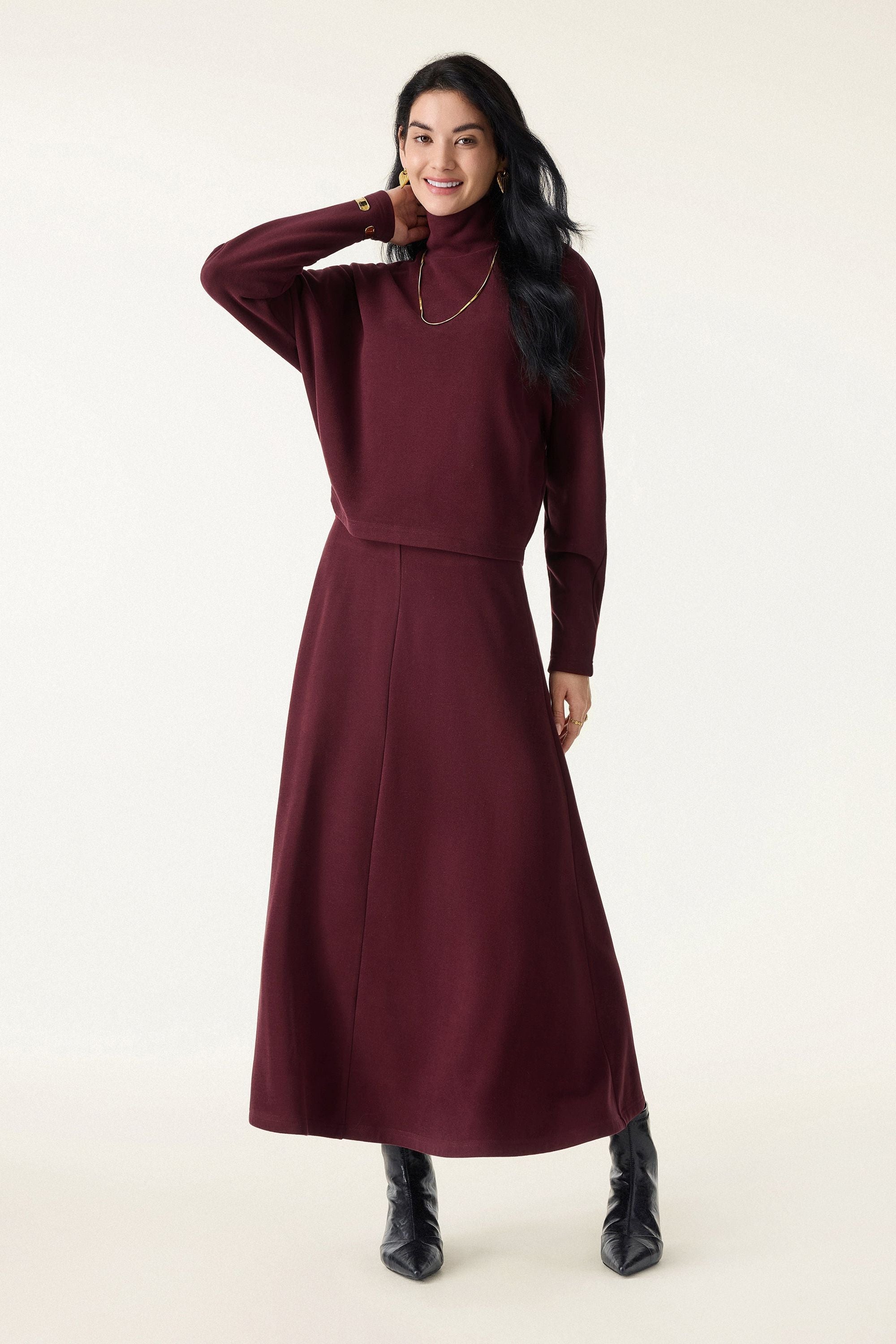 2Pcs Set Mockneck Batwing Sleeve & Midi Pull-on A-Line Skirt with Pockets