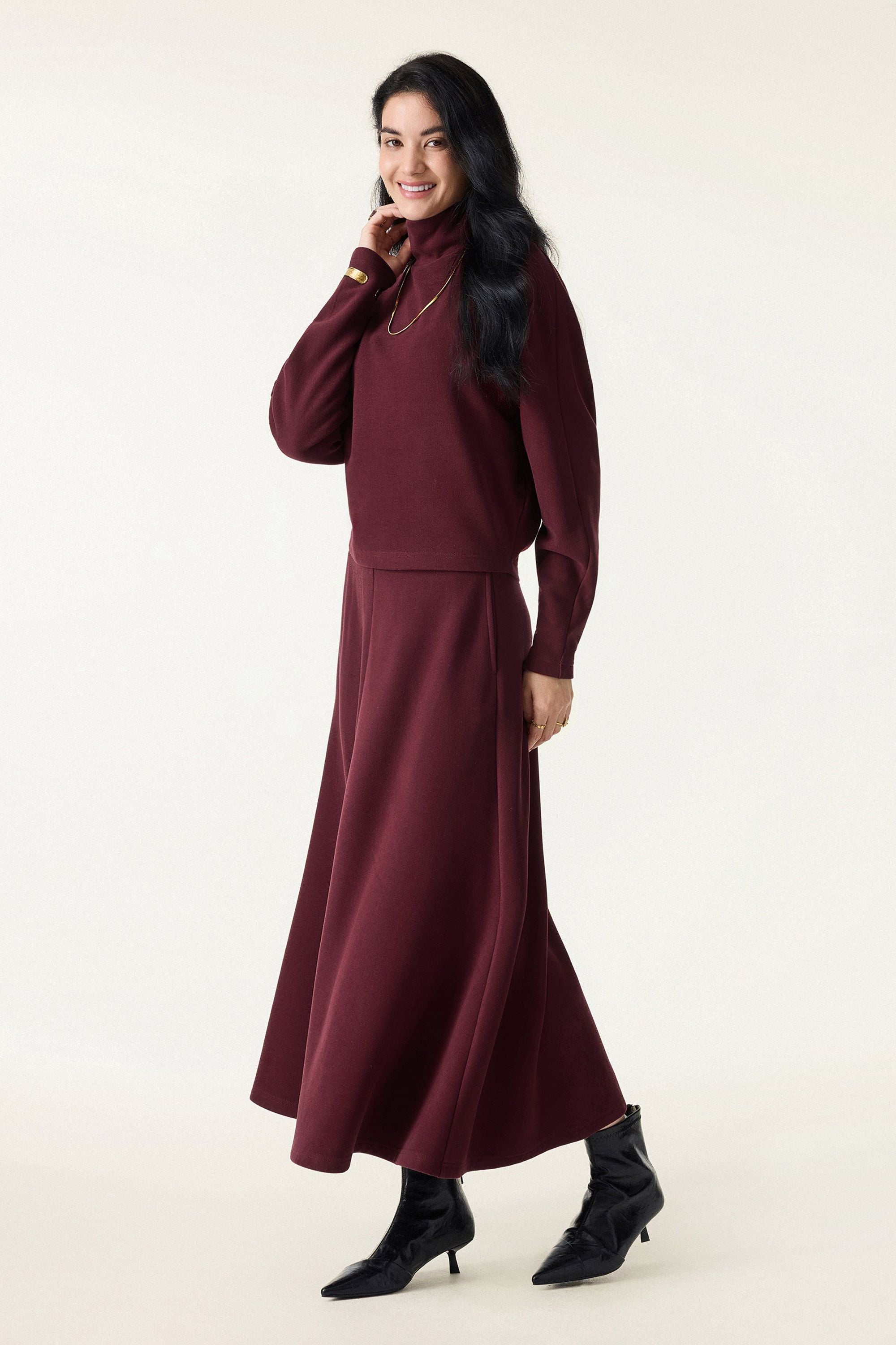 2Pcs Set Mockneck Batwing Sleeve & Midi Pull-on A-Line Skirt with Pockets