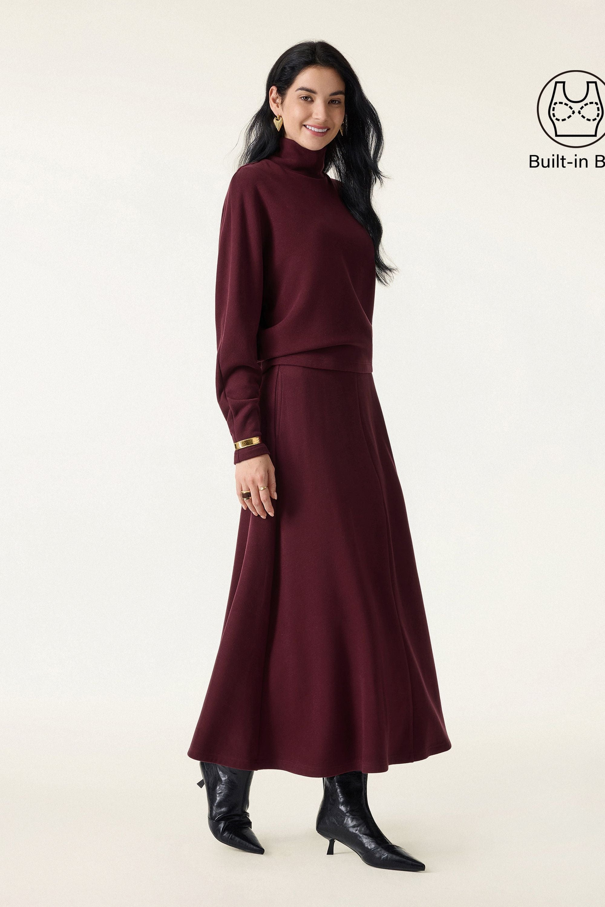 2Pcs Set Mockneck Batwing Sleeve & Midi Pull-on A-Line Skirt with Pockets