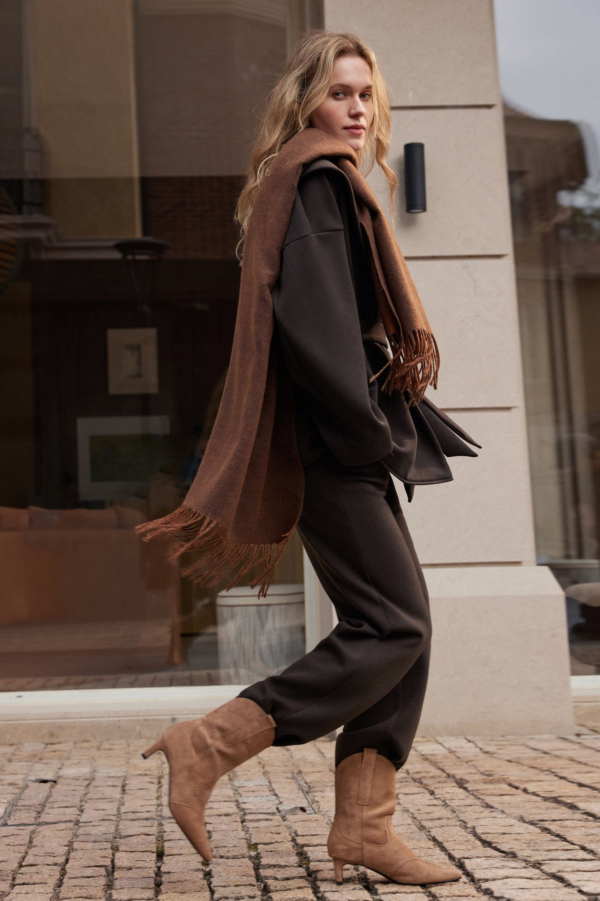 2Pcs Set Belted Shawl Collar Robe Jacket & Mid Rise Straight Pants with Pockets