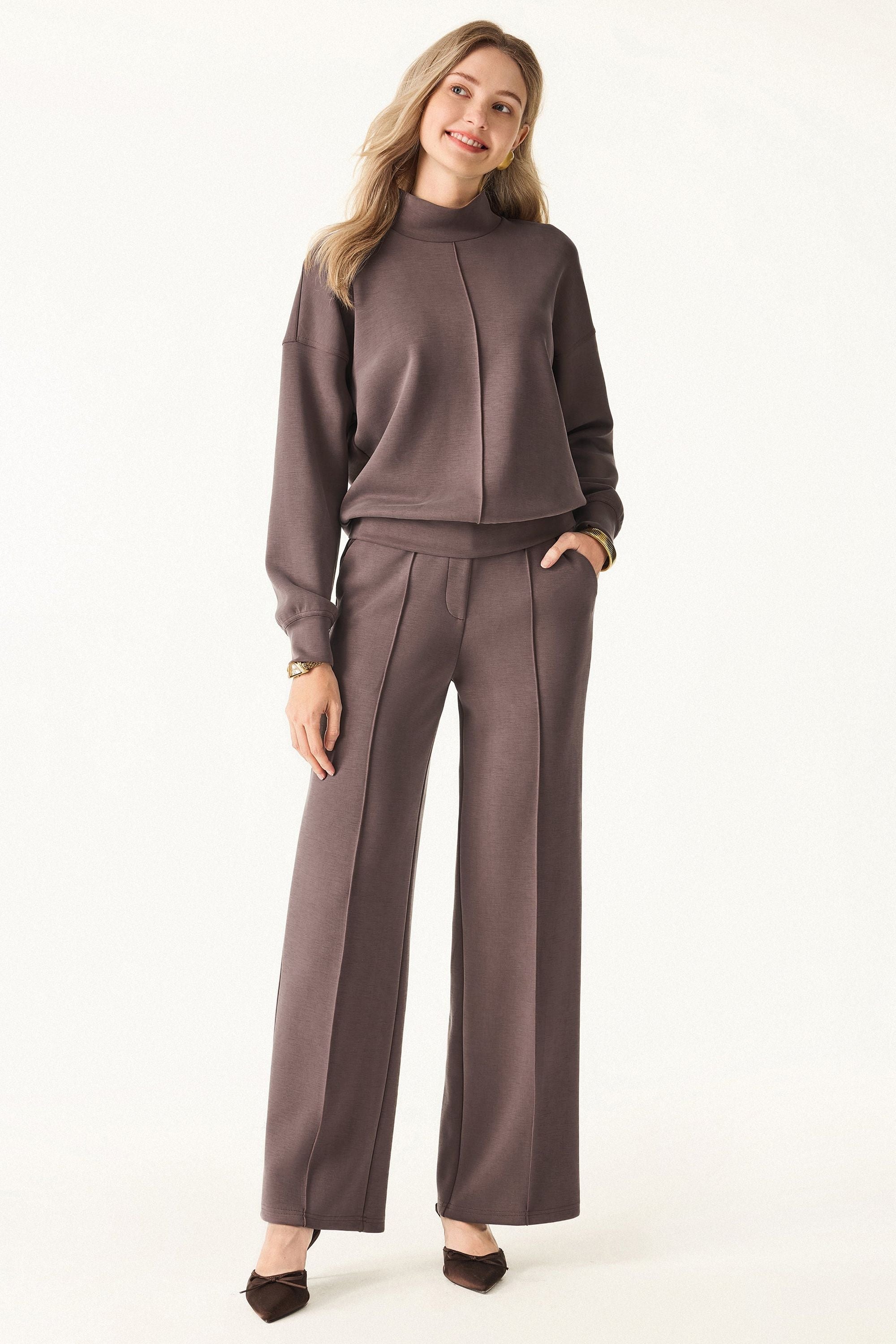 2Pcs Set Mockneck Pullover Shirt & Mid Rise Straight Leg Pants with Pockets