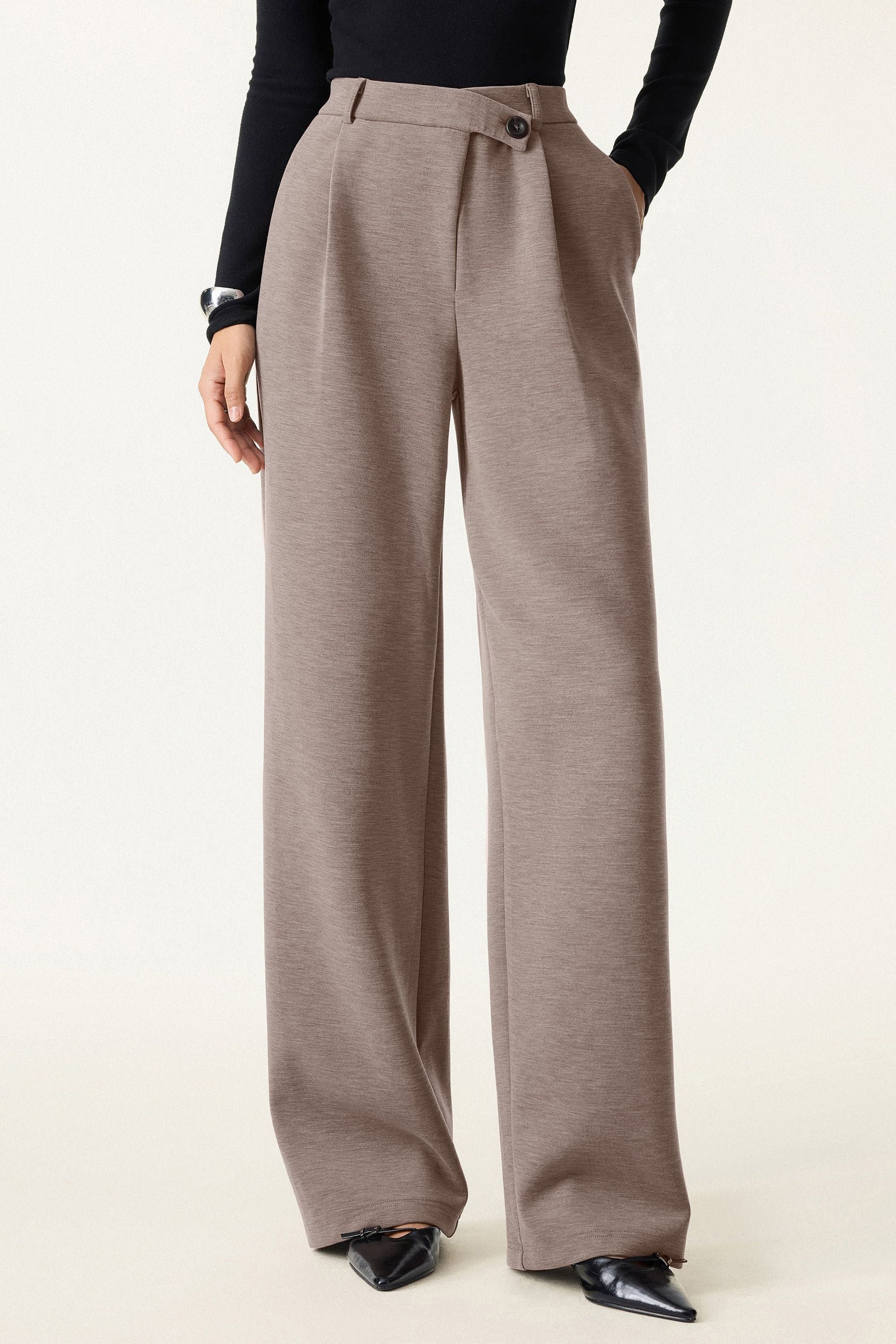 Cozy Warm High Rise Slanted Fly Front Wide Leg Pants