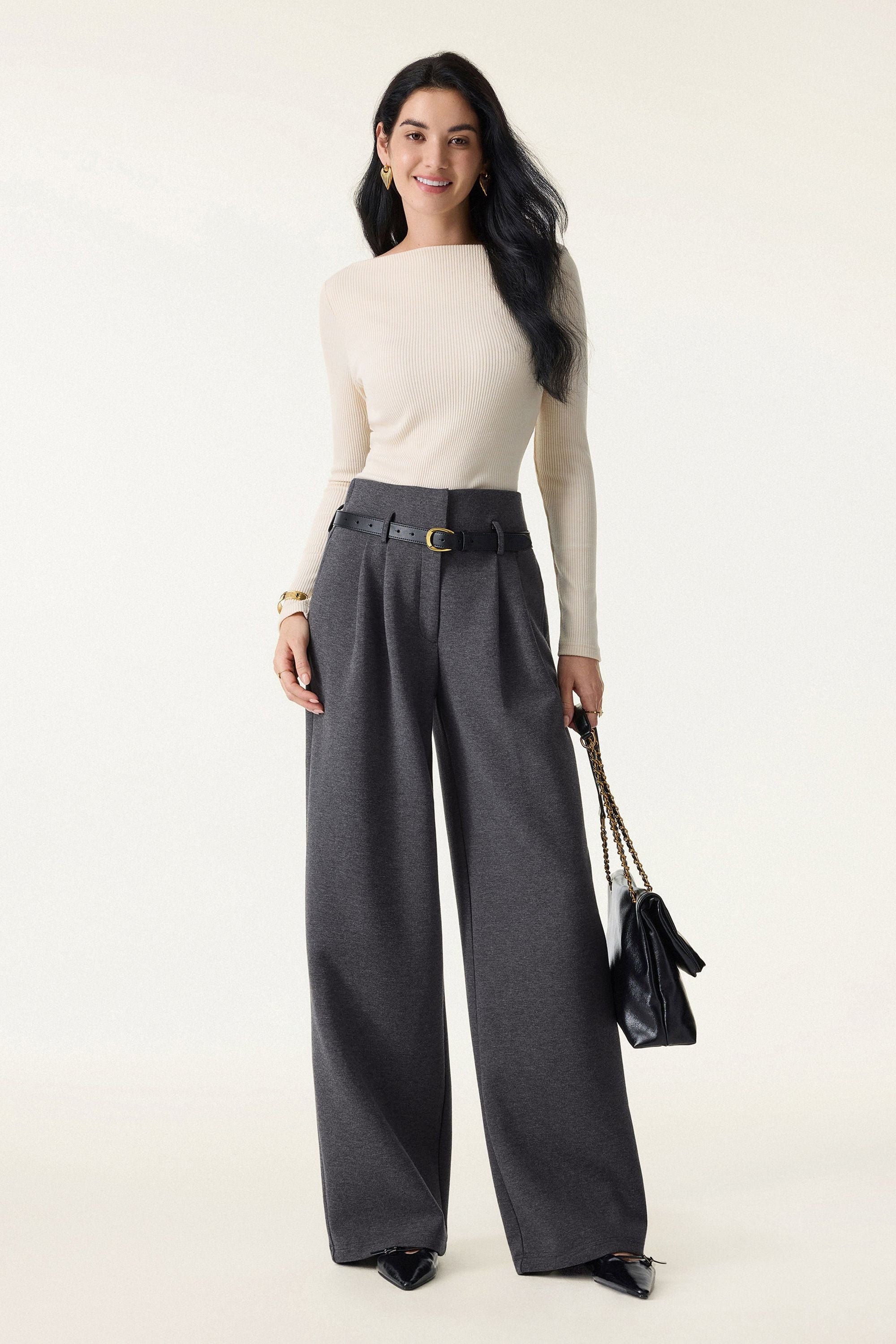 Cozy Warm High Rise Wide Leg Trousers with Pockets