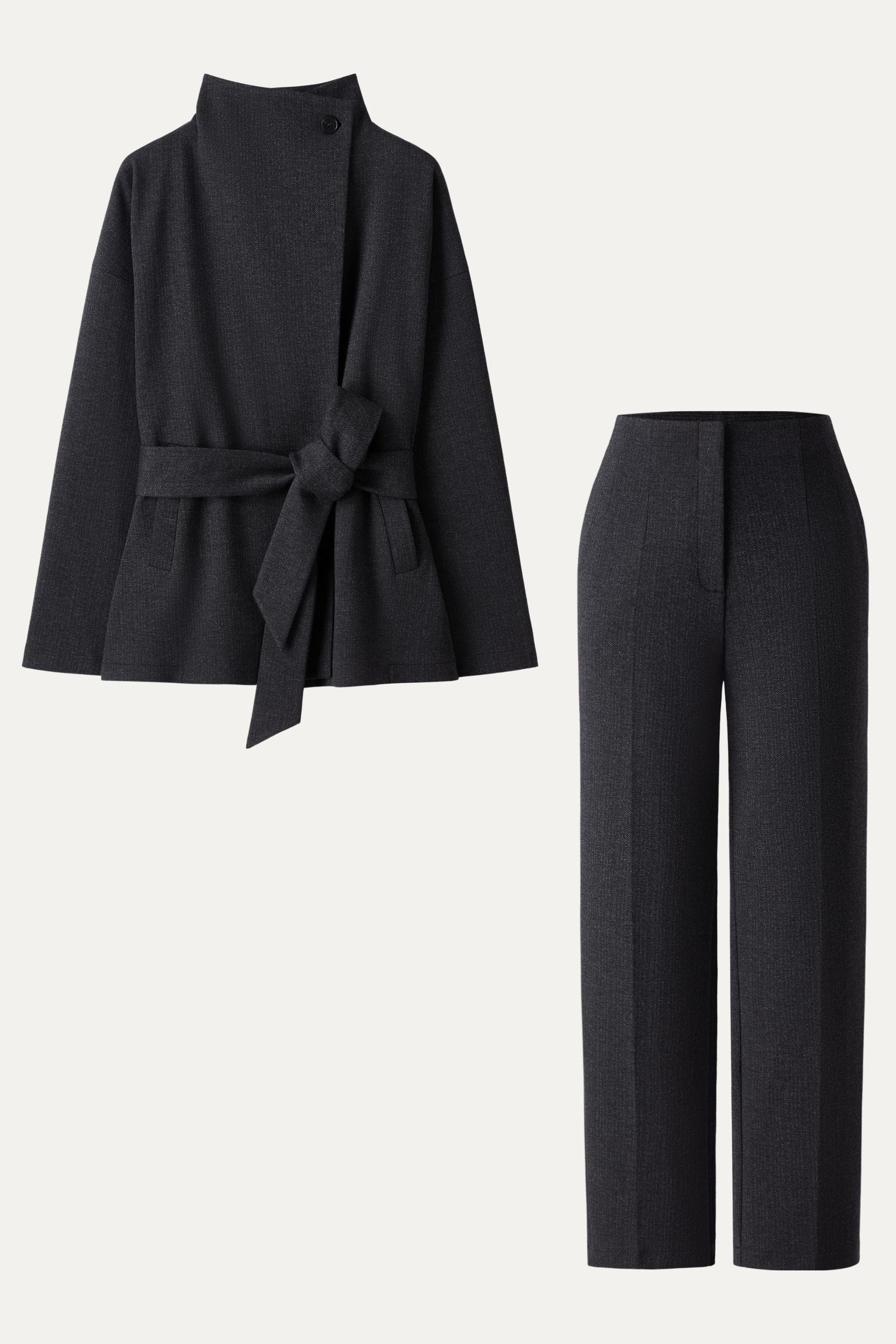 2Pcs Set Regular Tapered Trousers & Retro Belted Jacket