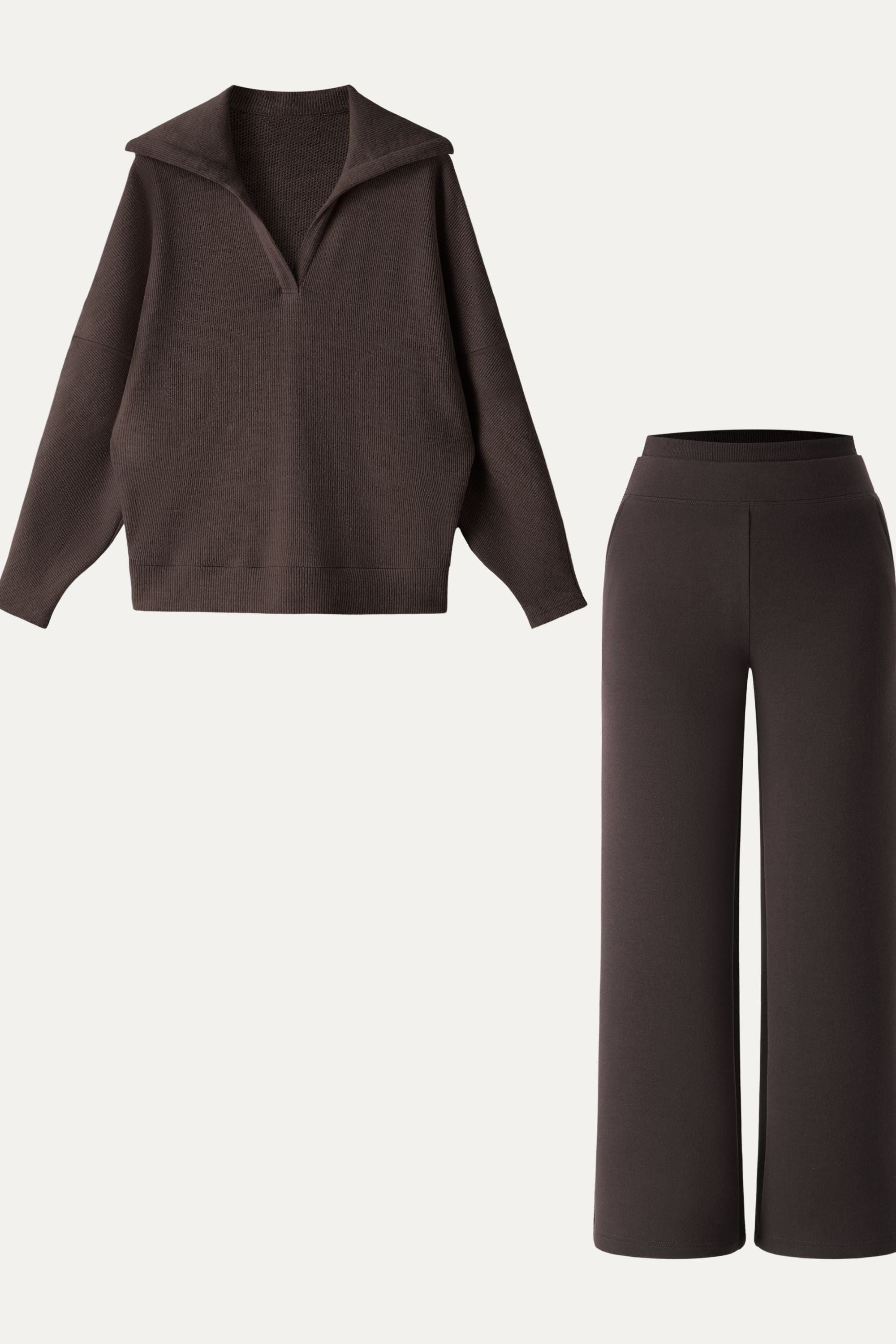 2Pcs Set Petite Double Waistband Straight Pants & V-Neck Batwing Sleeve Pullover