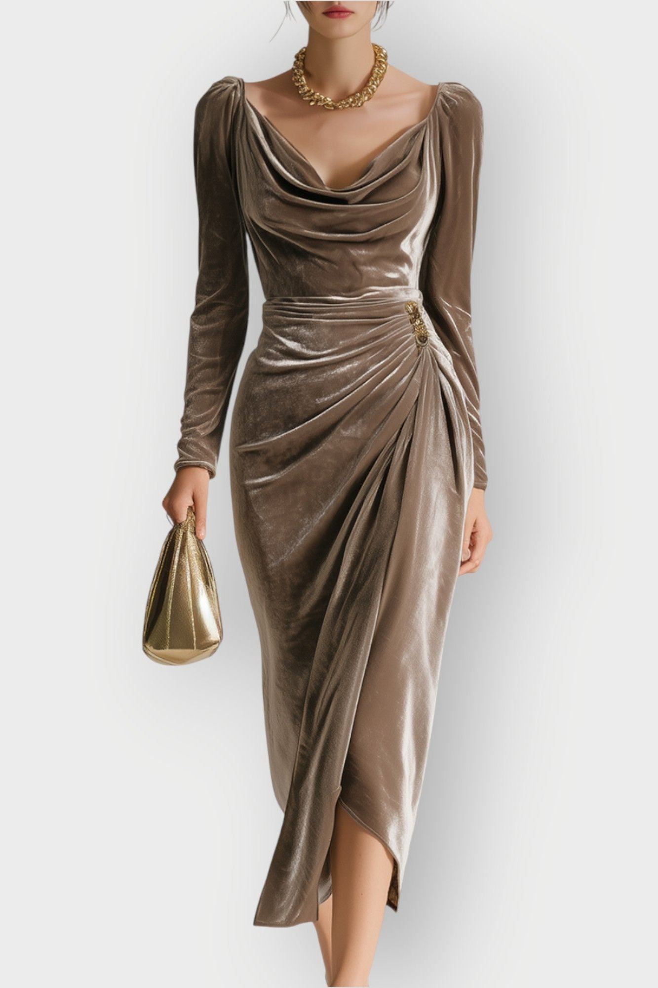 Eadoline - Ruched Draped Elegance Midi Dress