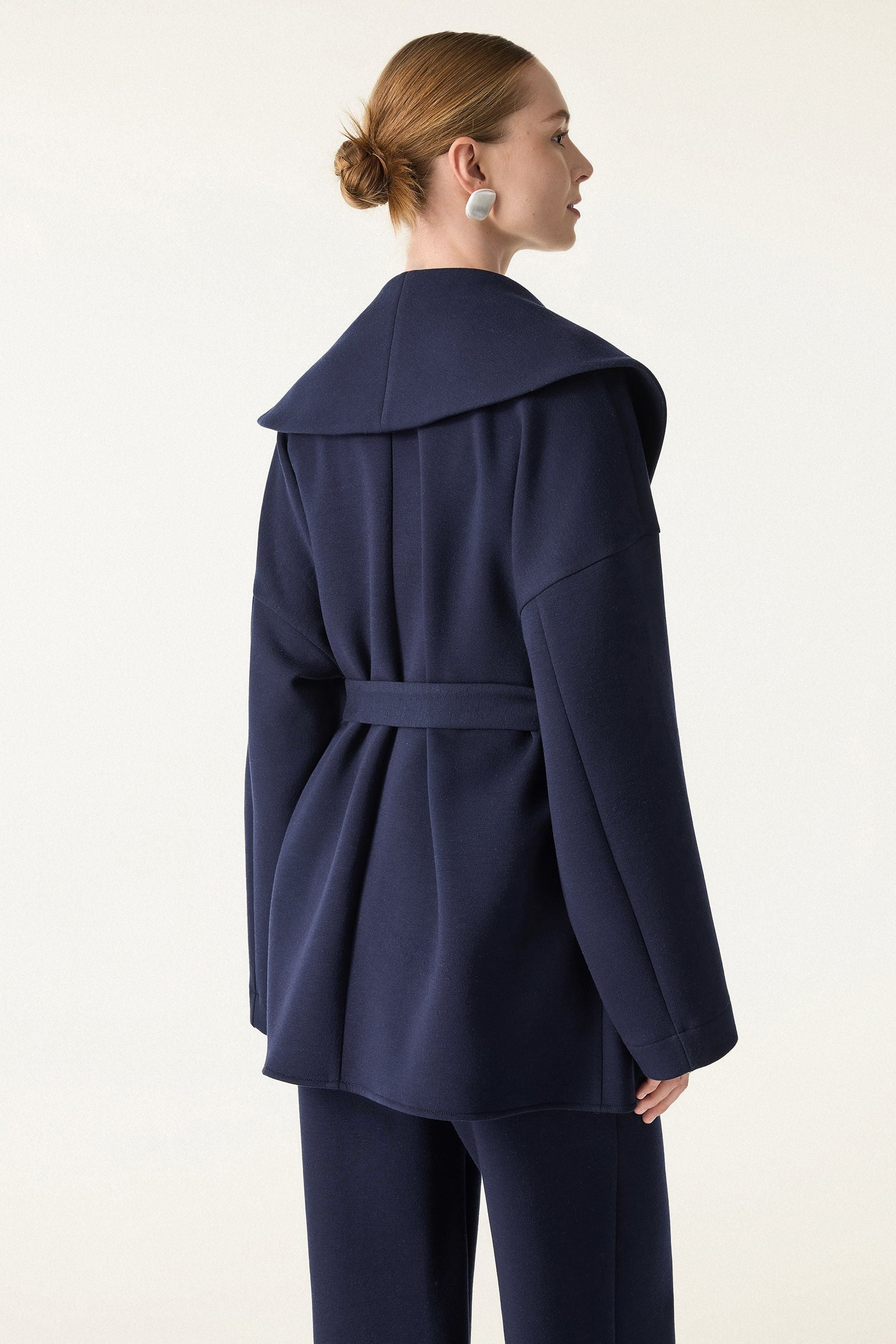 2Pcs Set Belted Shawl Collar Robe Jacket & Mid Rise Straight Pants with Pockets