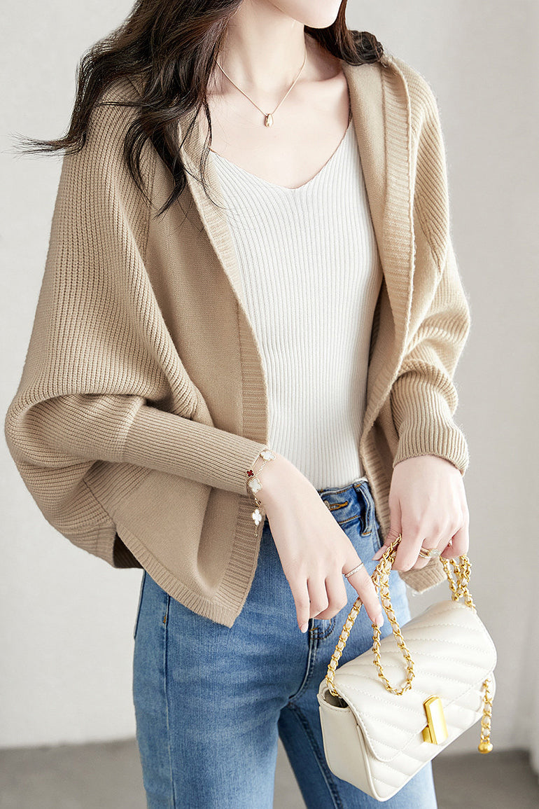 Plain Batwing Sleeve Hooded Knit Cardigan