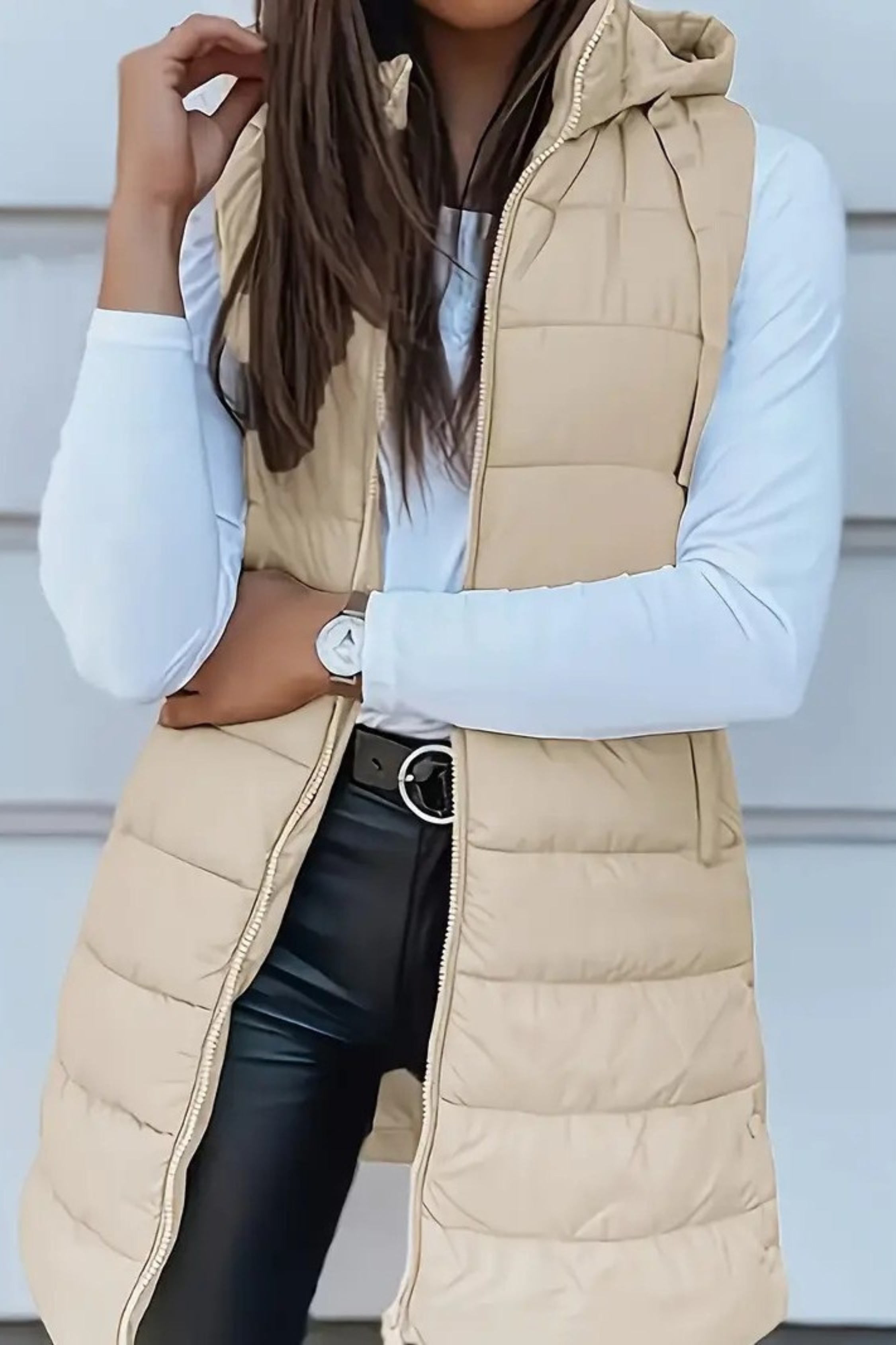 Casual Sleeveless Hood Long Puffer Vest