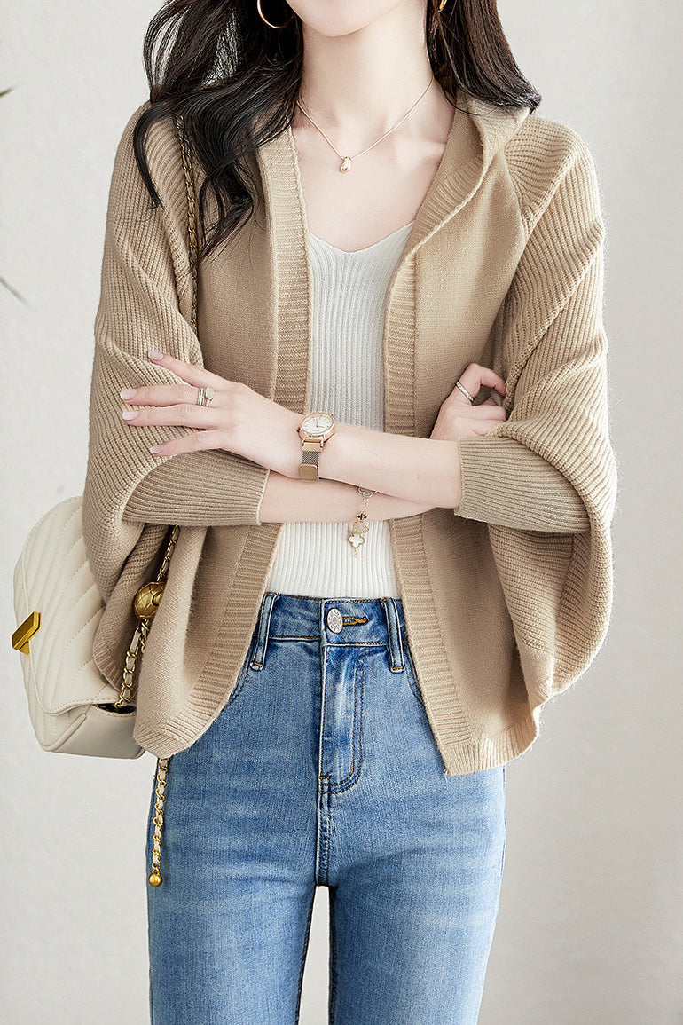 Plain Batwing Sleeve Hooded Knit Cardigan