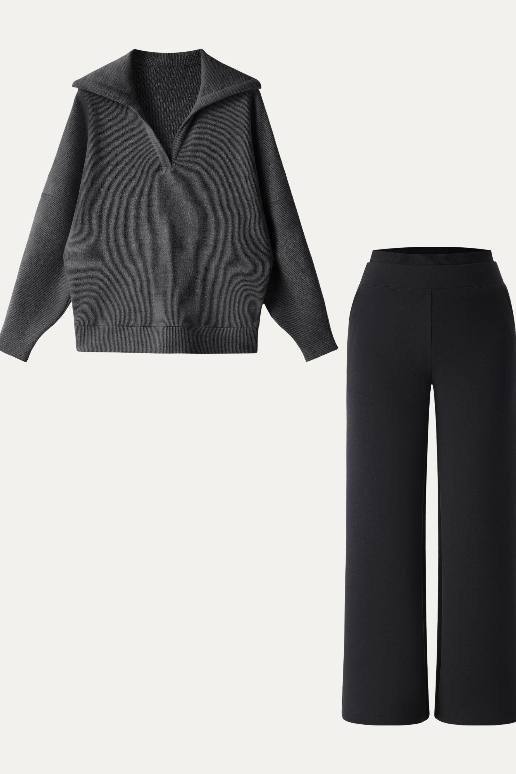 2Pcs Set Petite Double Waistband Straight Pants & V-Neck Batwing Sleeve Pullover