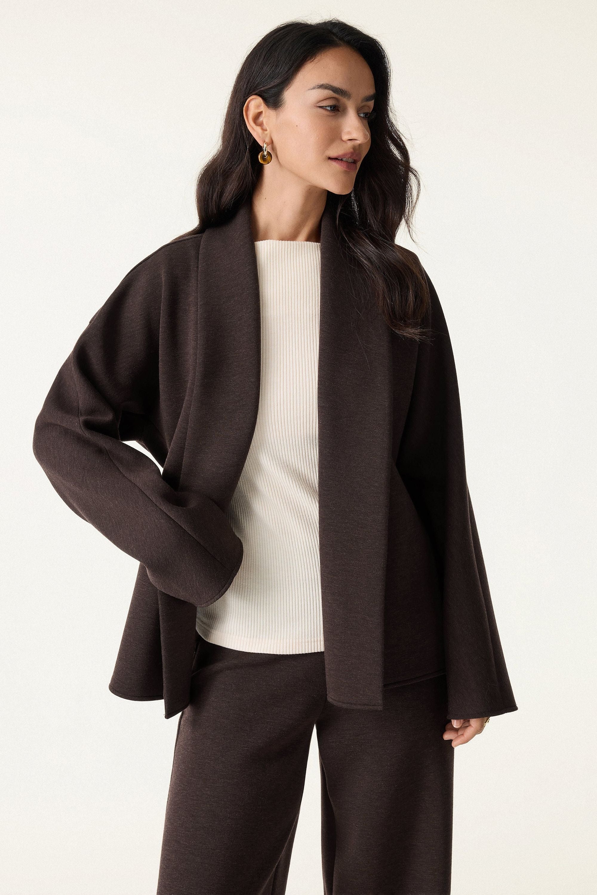 2Pcs Set Shawl Belted Outerwear & Pull-on Pants