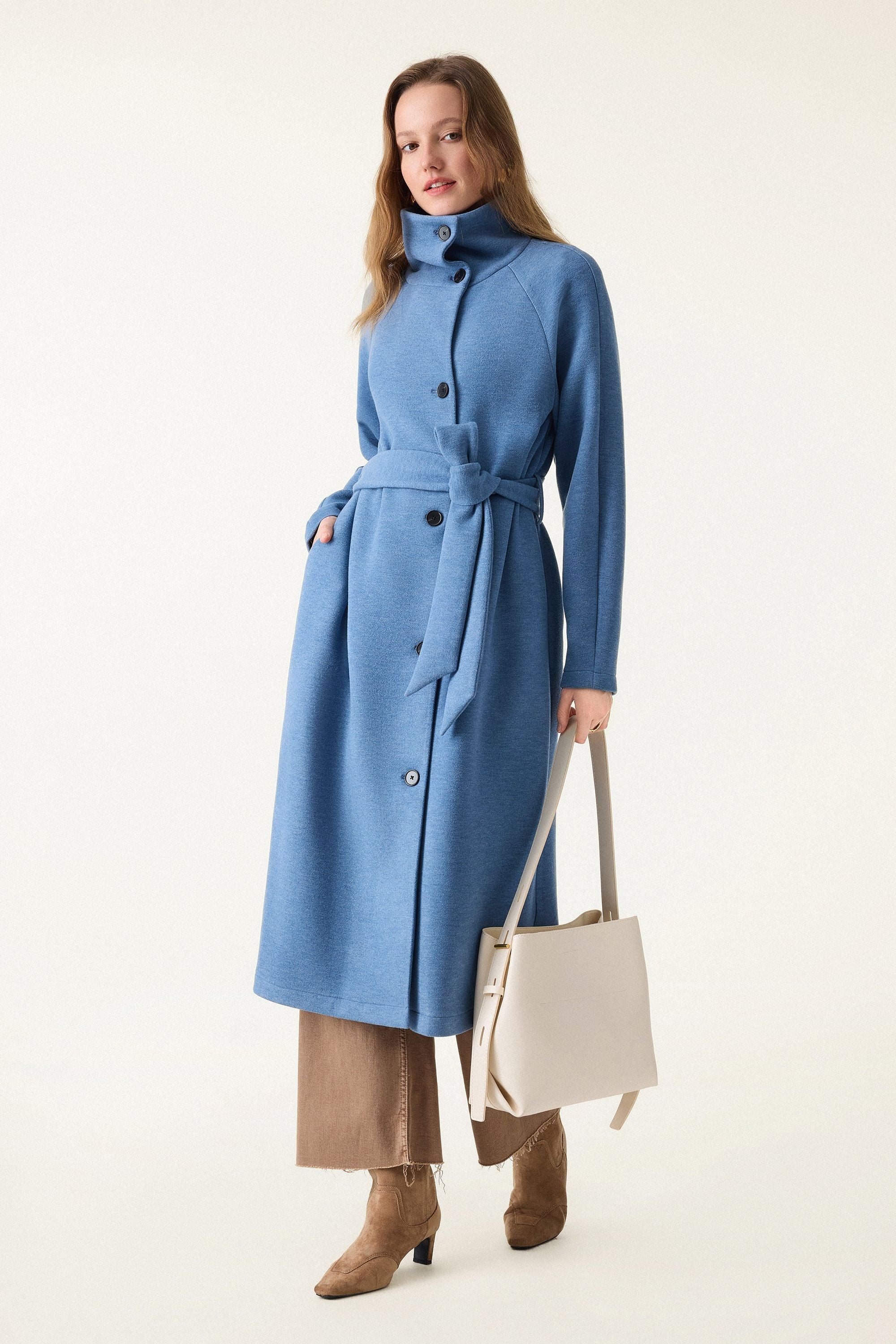 Belted Tunnel Neck Button Front Coat