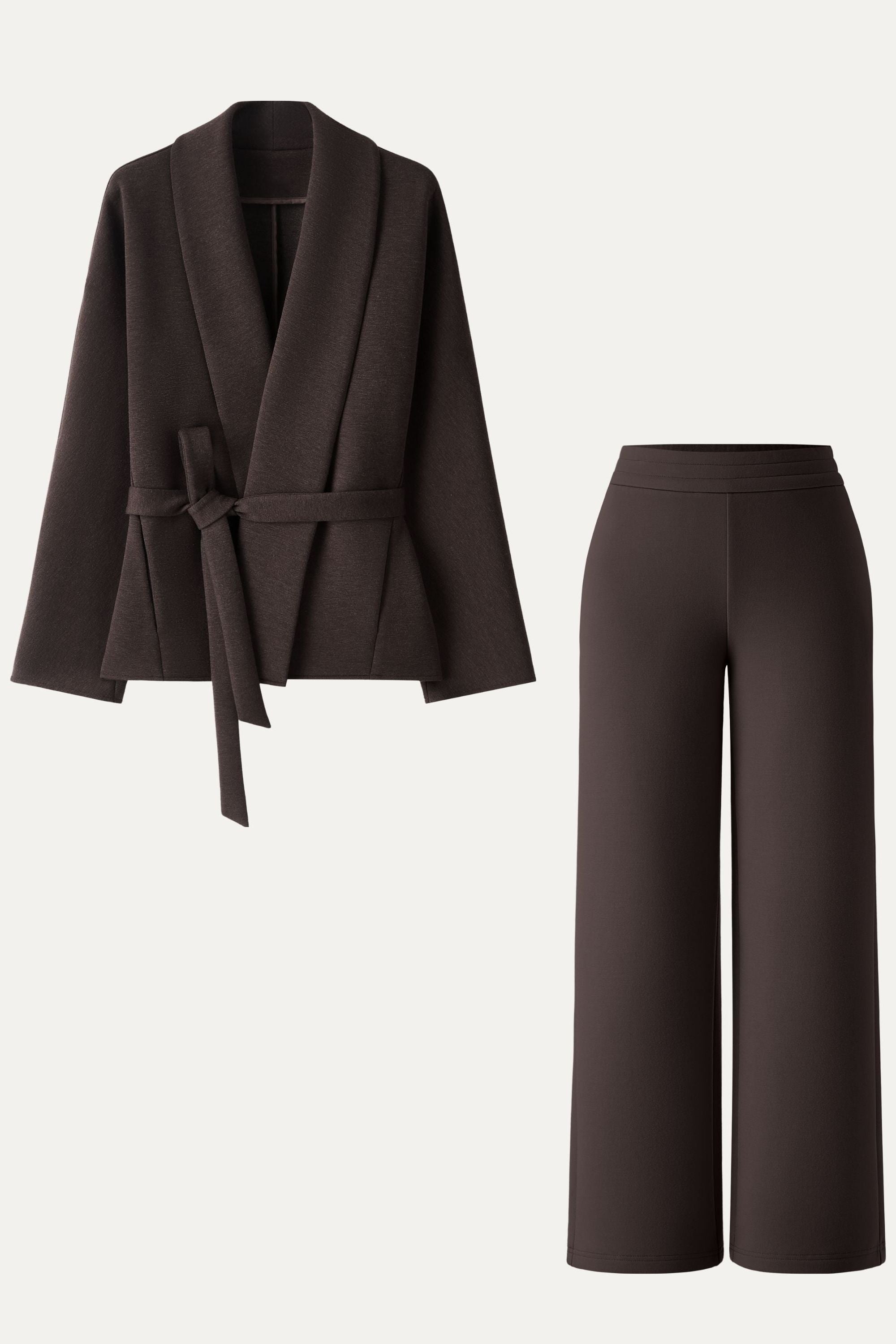 2Pcs Set Shawl Belted Outerwear & Pull-on Pants