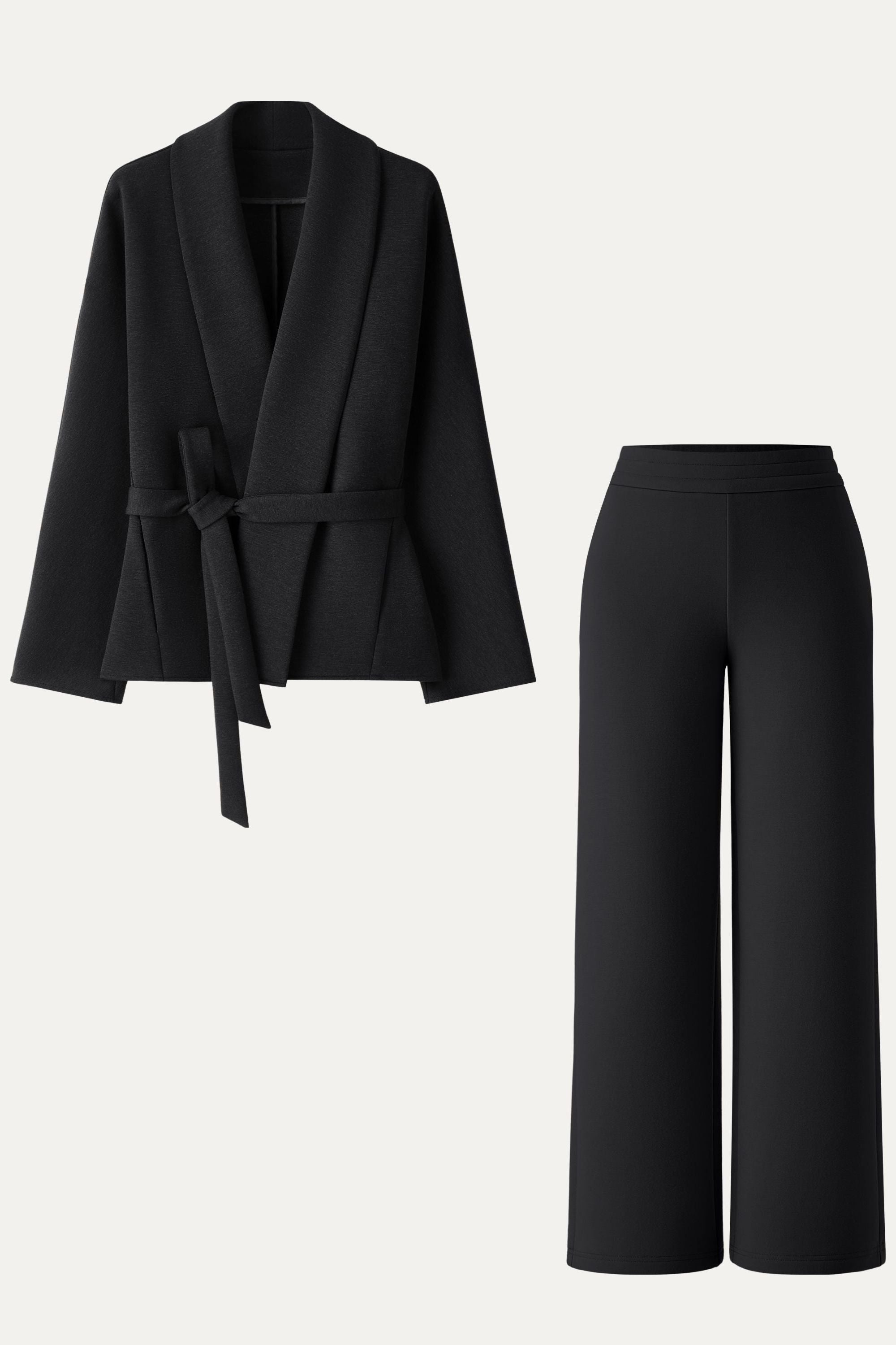 2Pcs Set Shawl Belted Outerwear & Pull-on Pants