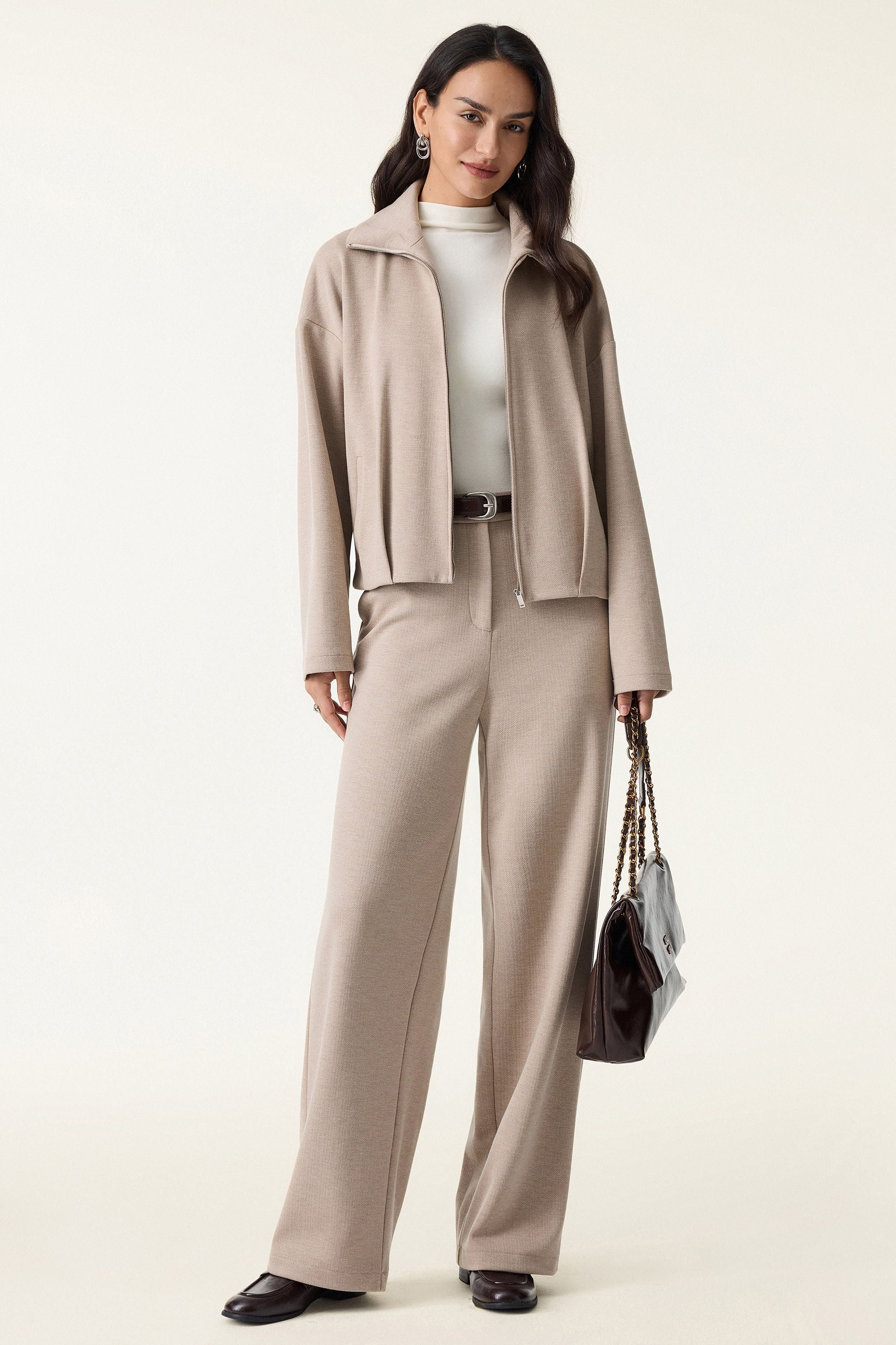 2Pcs Set Full Zip Jacket & Mid Rise Straight Leg Pants with Pockets