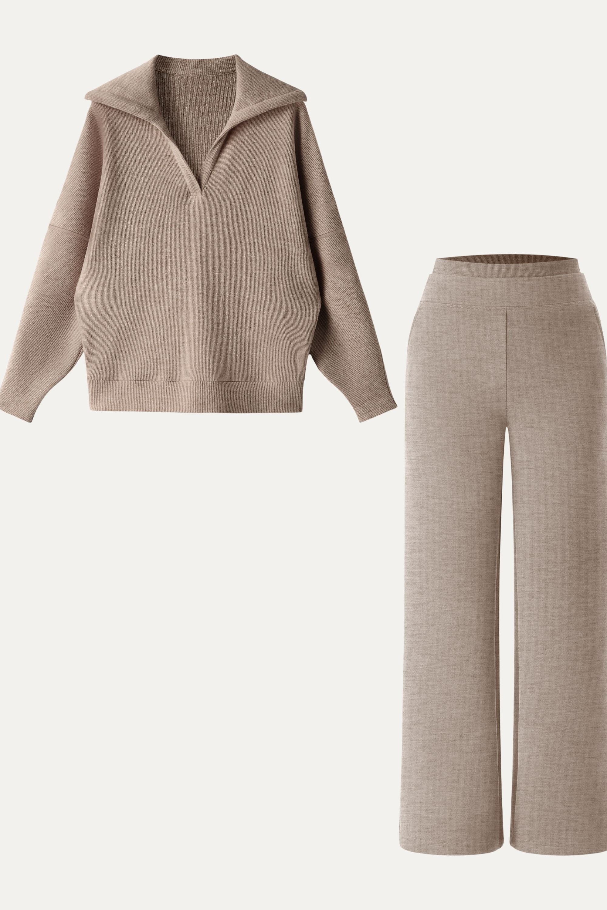 2Pcs Set Double Waistband Straight Pants & V-Neck Batwing Sleeve Pullover