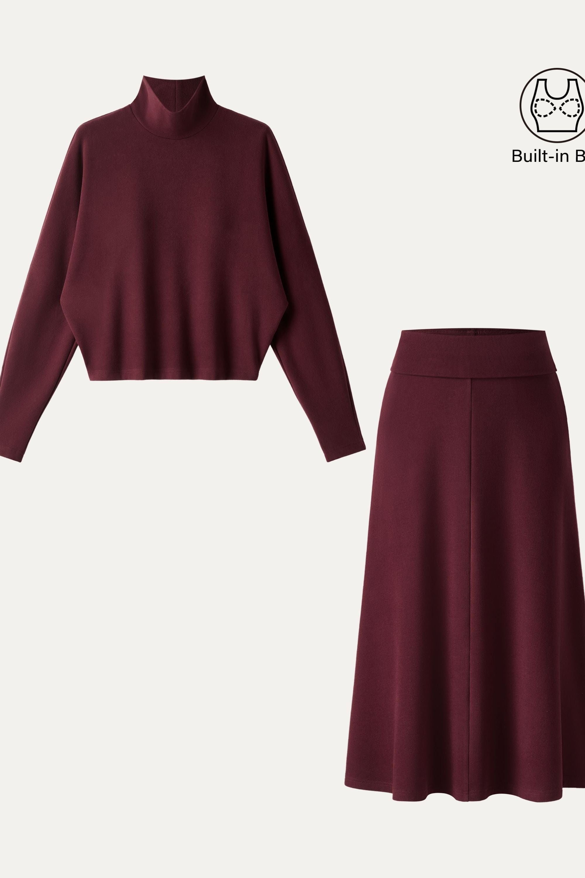 2Pcs Set Mockneck Batwing Sleeve & Midi Pull-on A-Line Skirt with Pockets