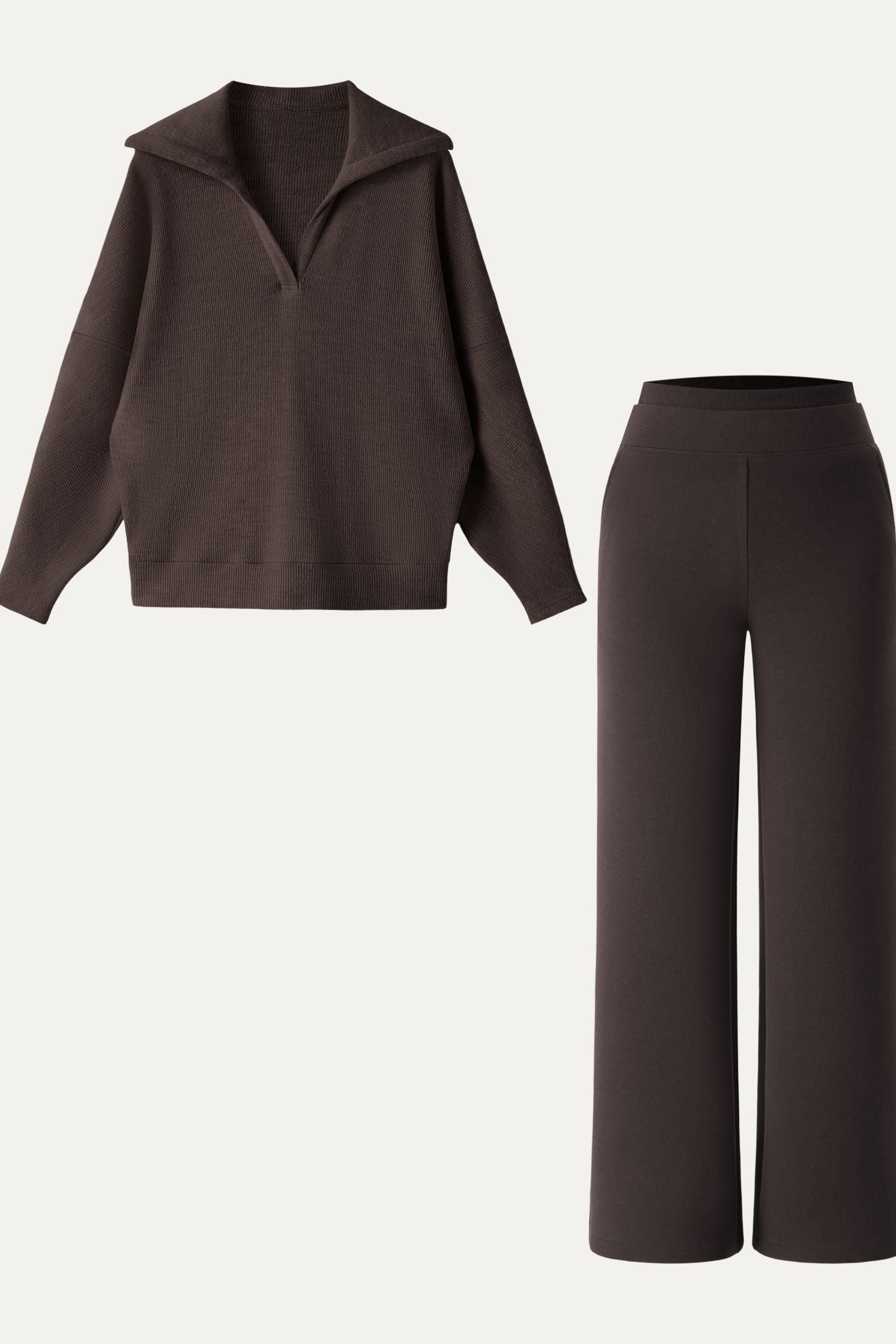 2Pcs Set Double Waistband Straight Pants & V-Neck Batwing Sleeve Pullover