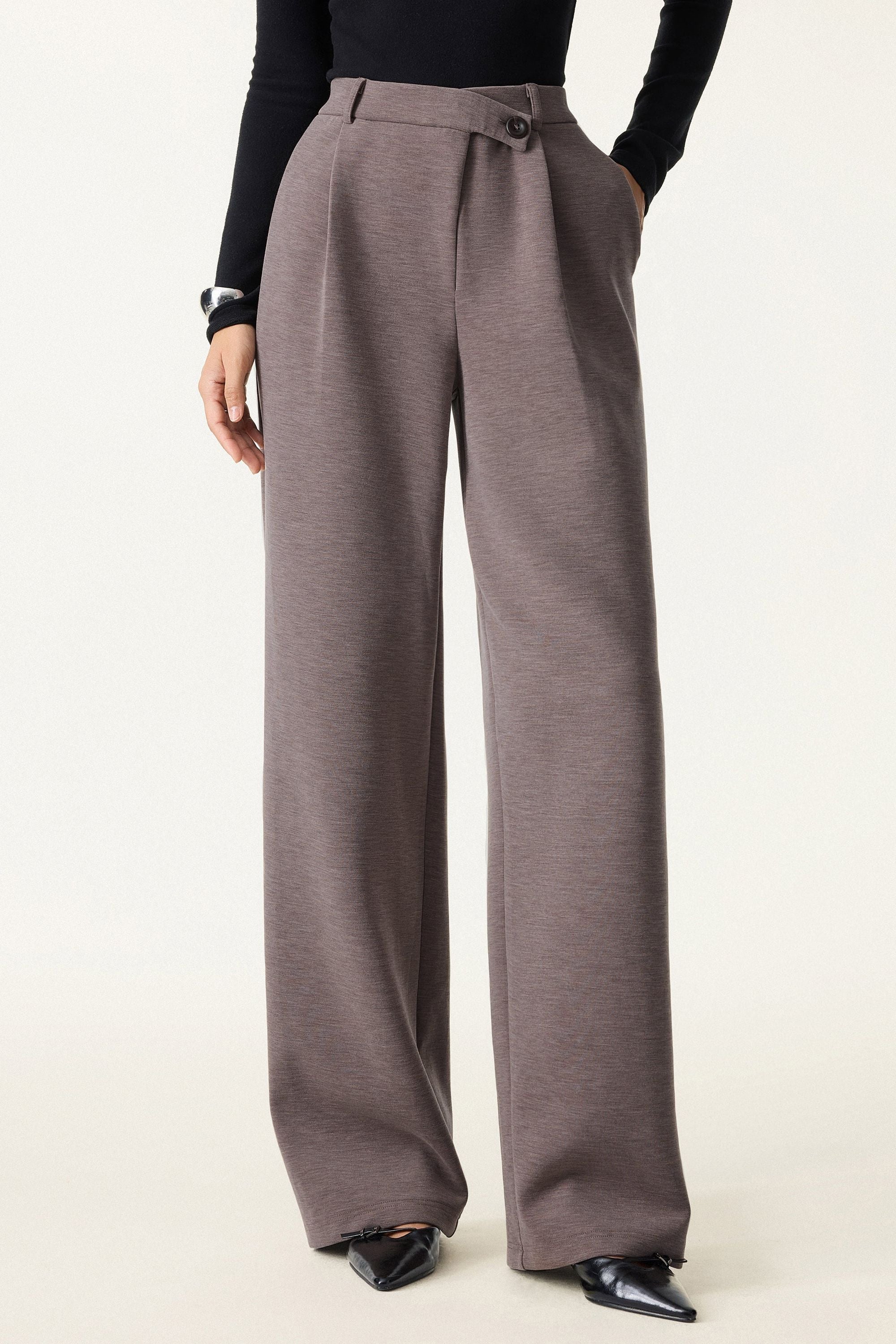 Cozy Warm High Rise Slanted Fly Front Wide Leg Pants