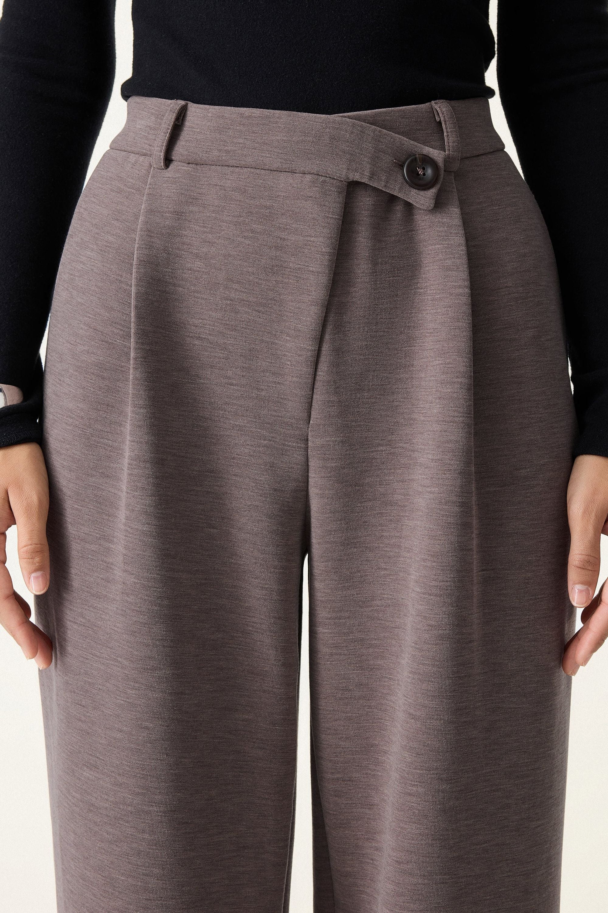 Cozy Warm High Rise Slanted Fly Front Wide Leg Pants