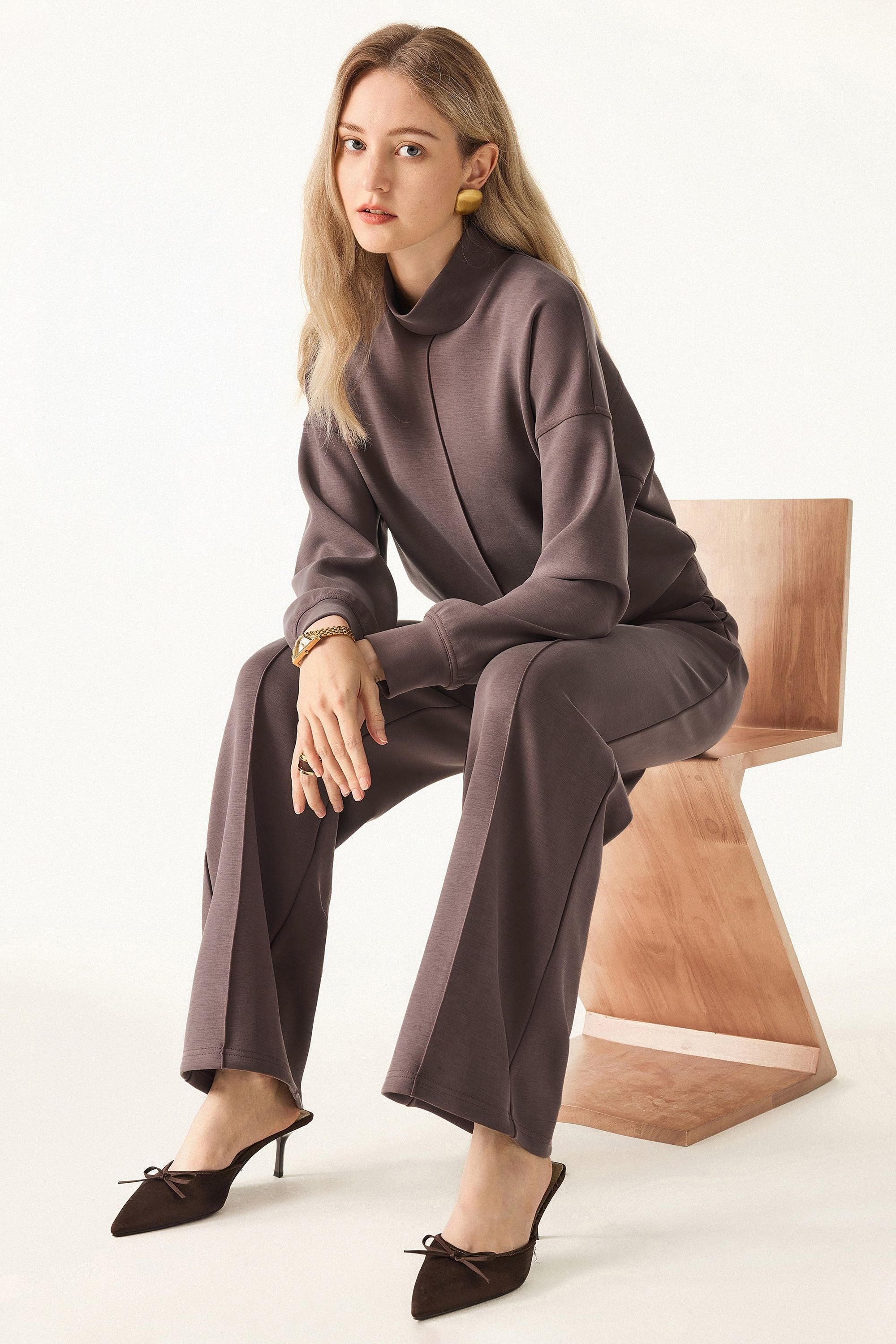 2Pcs Set Mockneck Pullover Shirt & Mid Rise Straight Leg Pants with Pockets