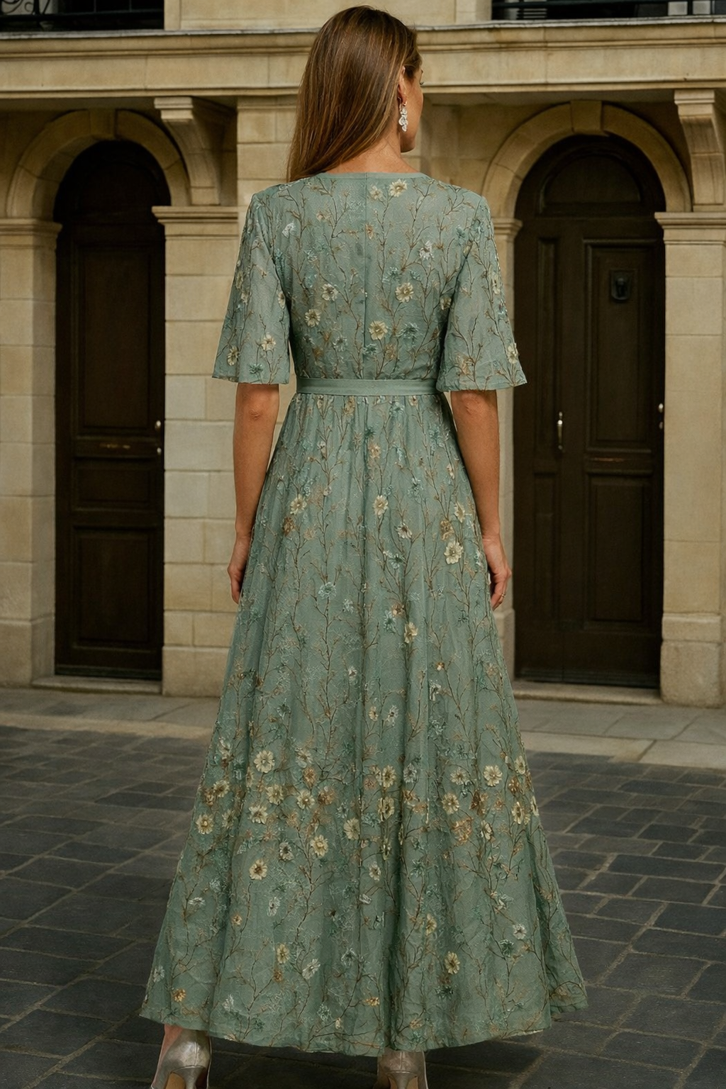 Sage Bloom Embroidered Maxi Dress