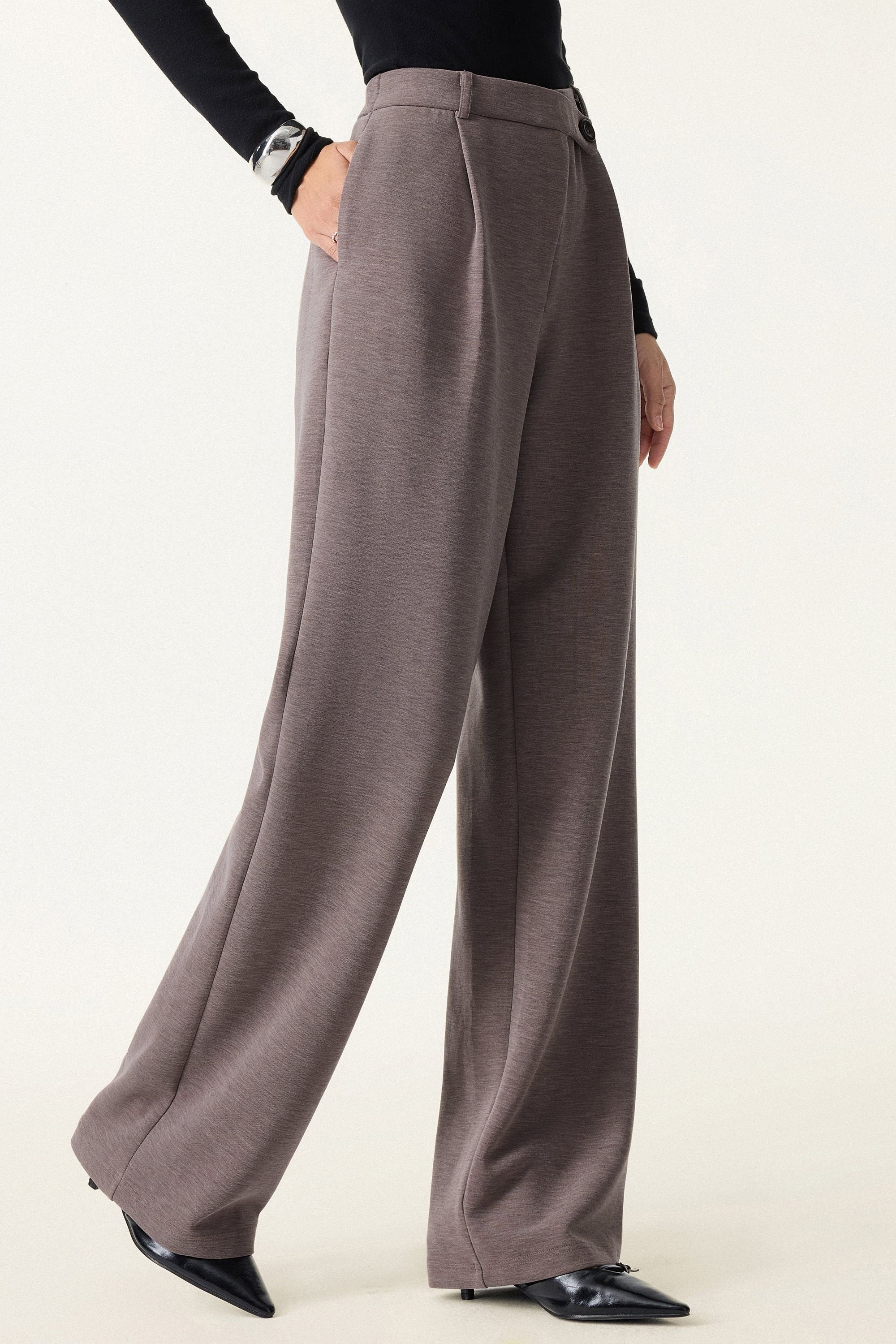Cozy Warm High Rise Slanted Fly Front Wide Leg Pants