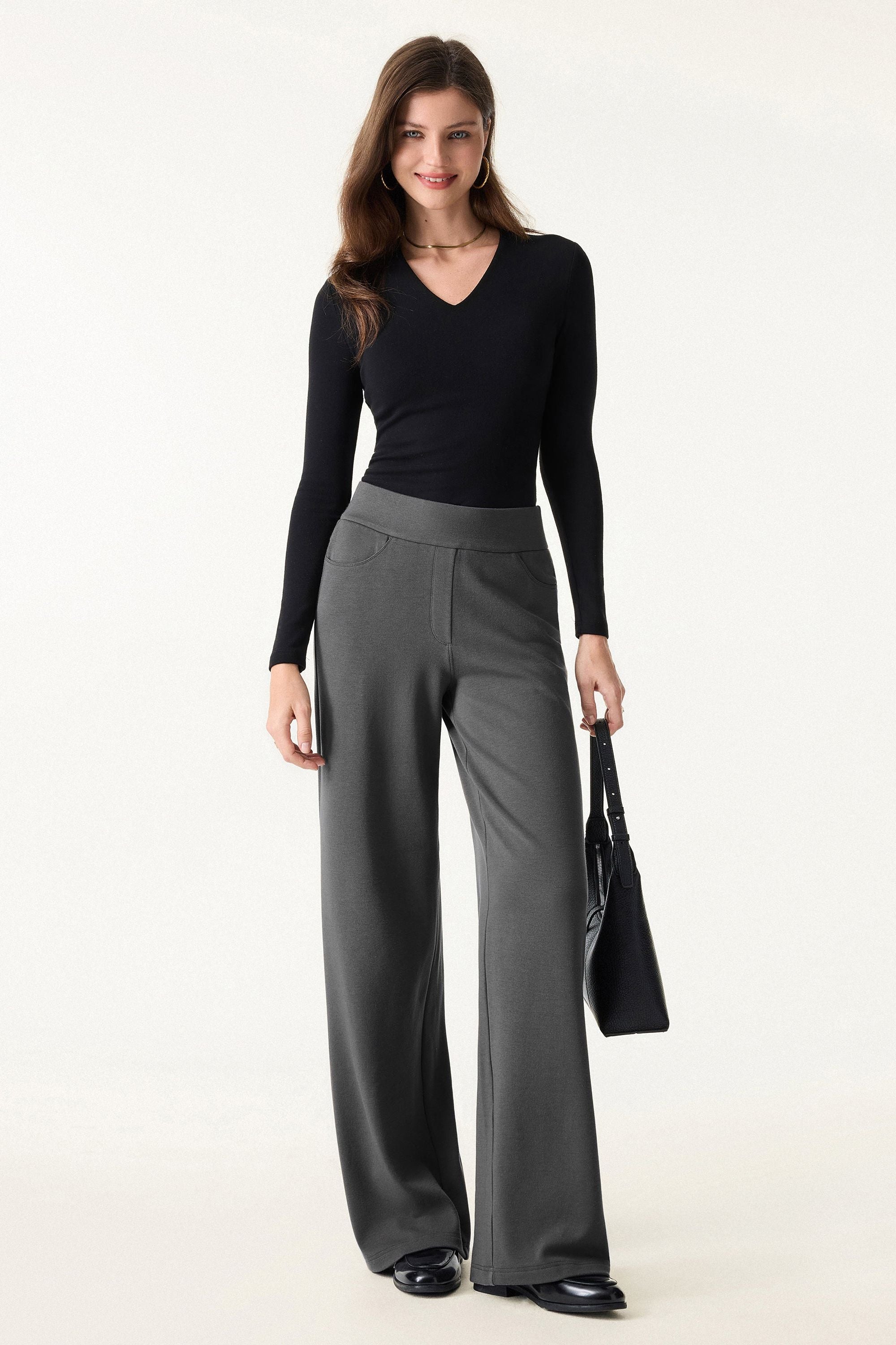 Waistband Wide Leg Pull-on Pants with Pockets