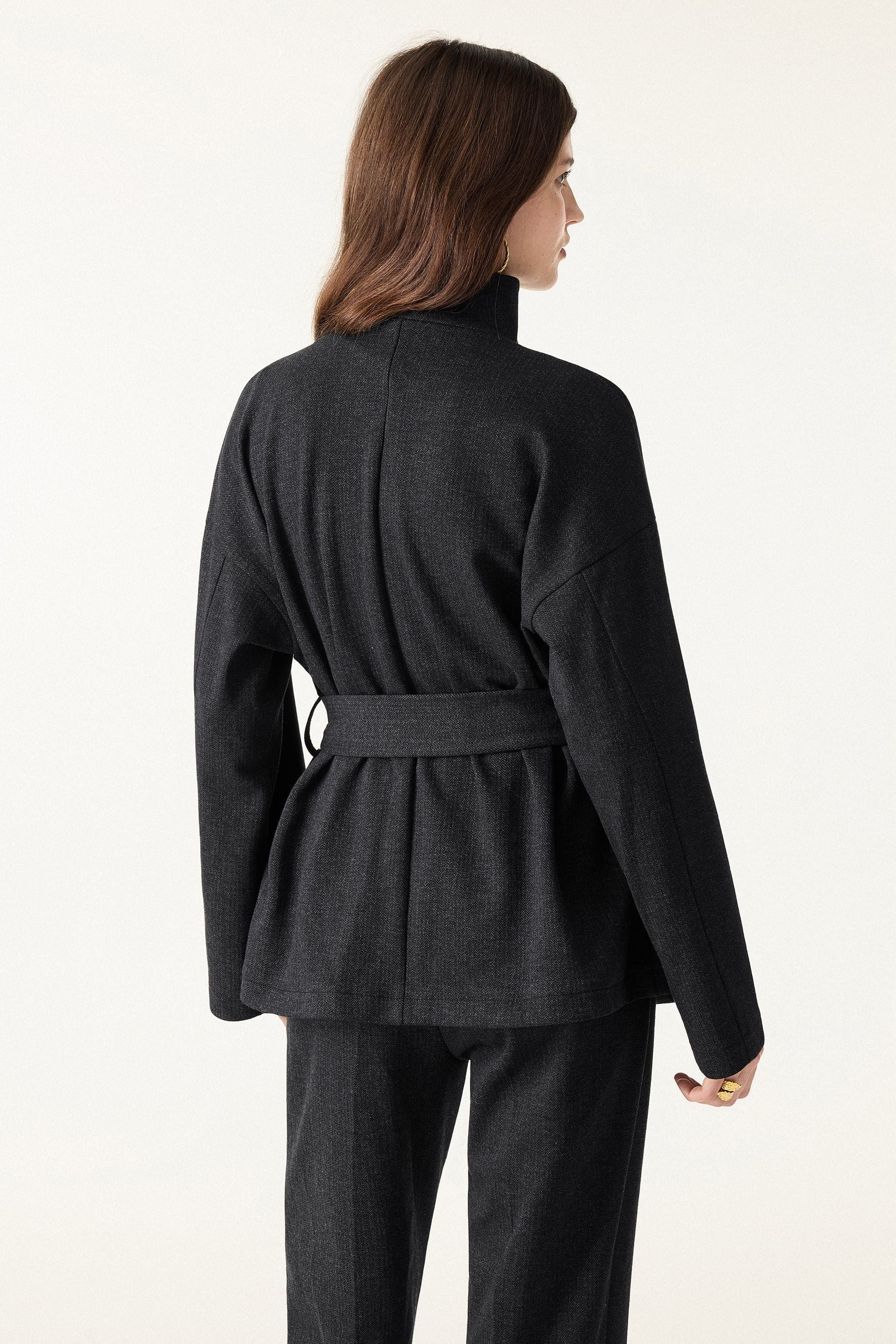 2Pcs Set Regular Tapered Trousers & Retro Belted Jacket