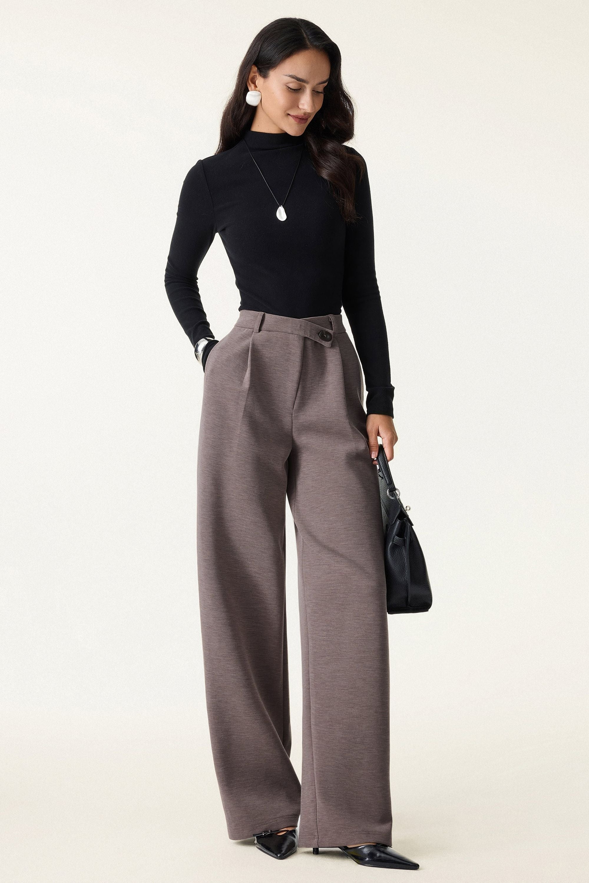 Cozy Warm High Rise Slanted Fly Front Wide Leg Pants