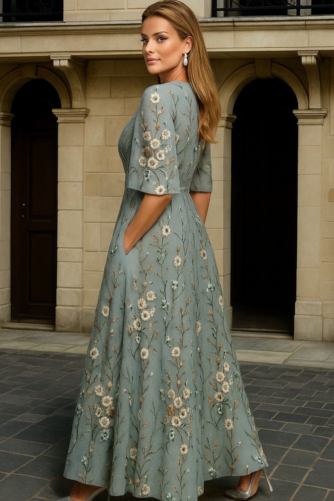 Sage Bloom Embroidered Maxi Dress