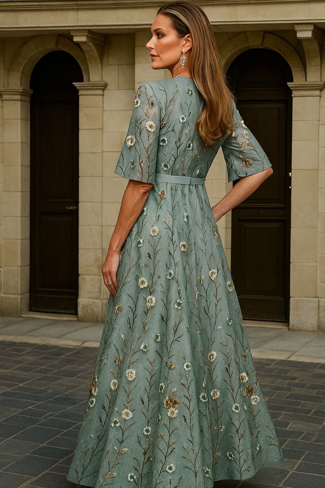 Sage Bloom Embroidered Maxi Dress